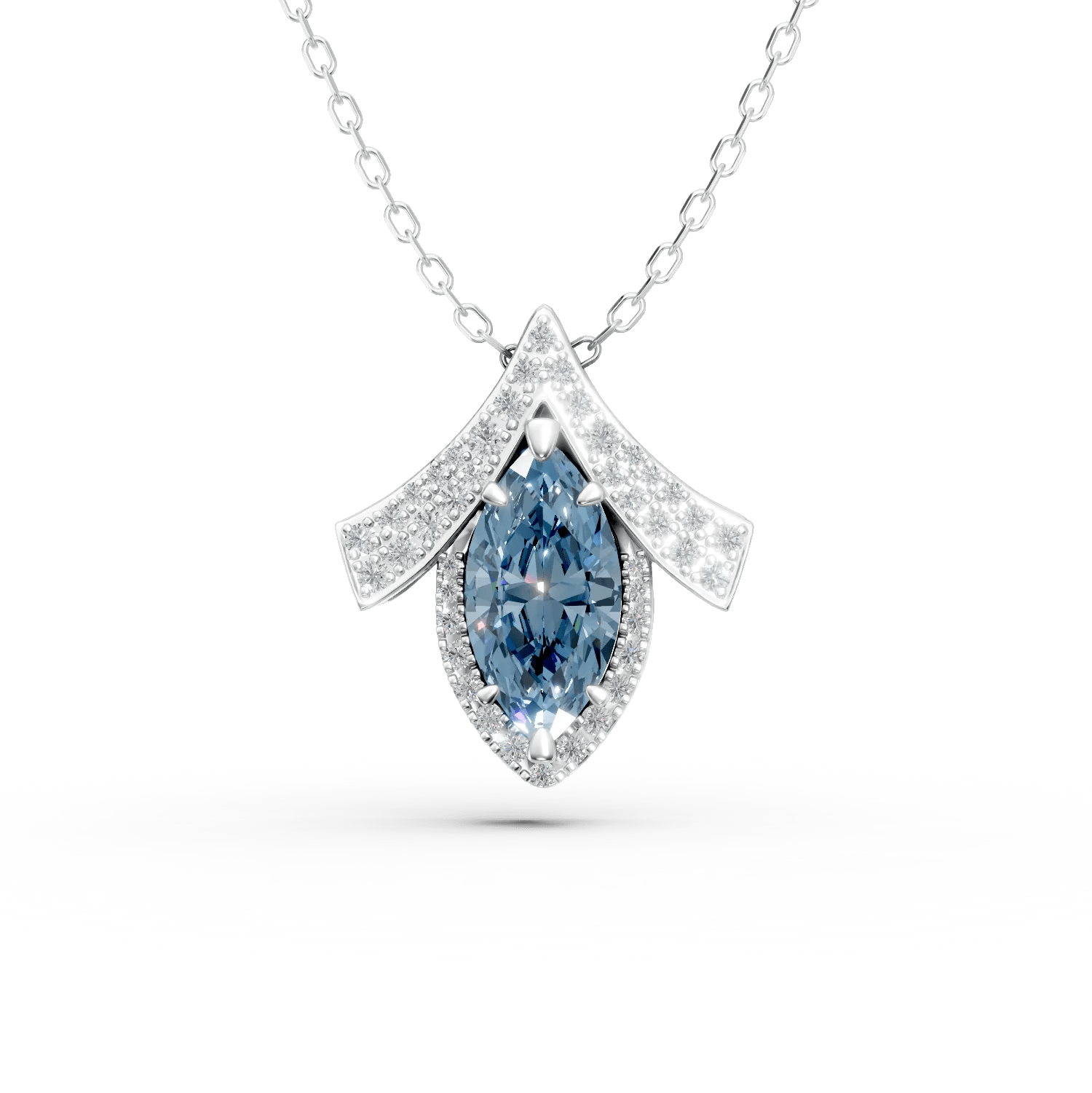 Lănțisor cu pandantiv geometric din aur alb cu diamant albastru marquise și diamante de 2.4ct create în laborator Lănțisor cu pandantiv geometric din aur alb cu diamant albastru marquise și diamante de 2.4ct create în laborator