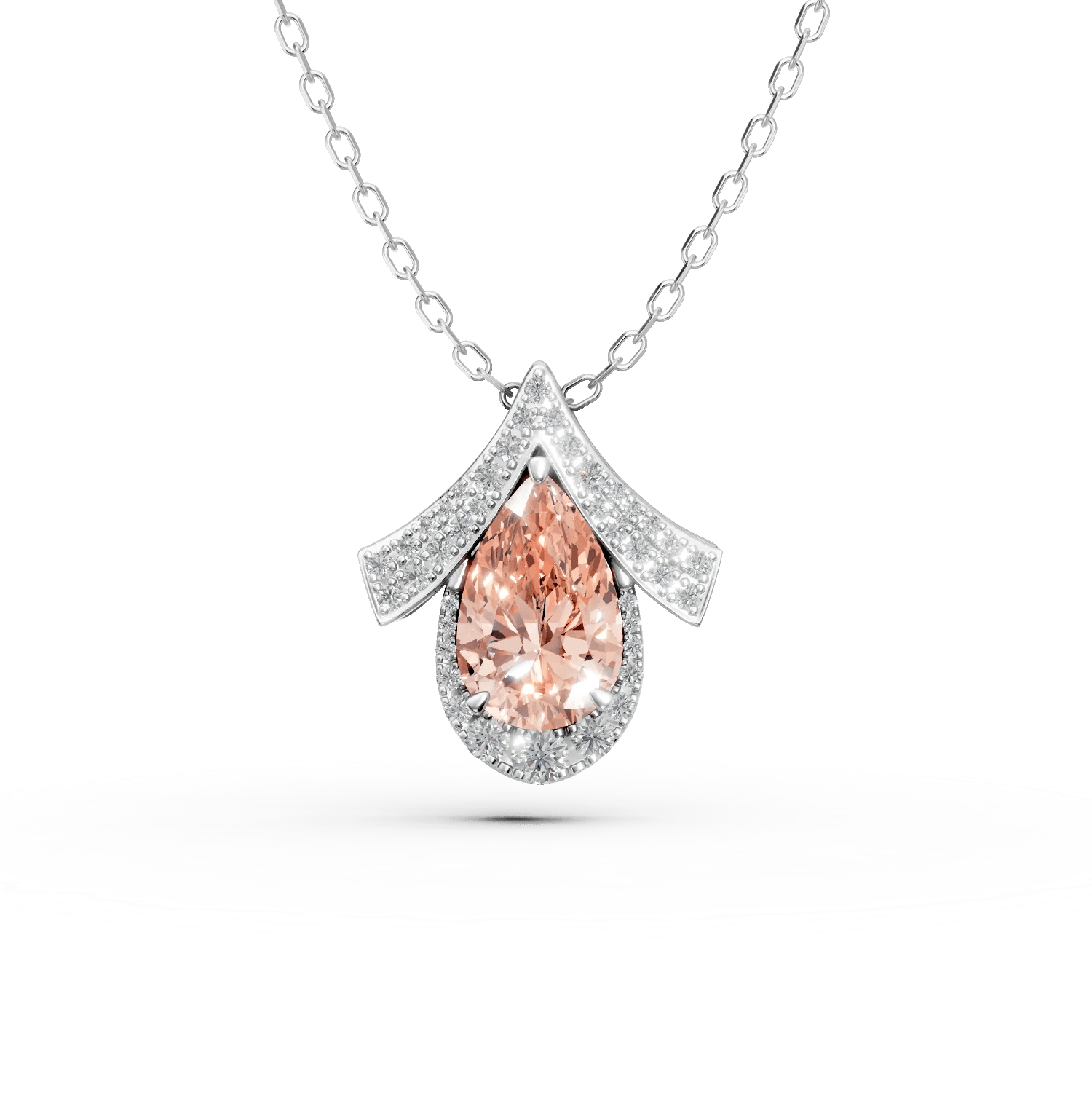 Lanț cu pandantiv geometric din aur alb cu diamant fancy roz pera și diamante incolore de 2.5ct create în laborator Lanț cu pandantiv geometric din aur alb cu diamant fancy roz pera și diamante incolore de 2.5ct create în laborator
