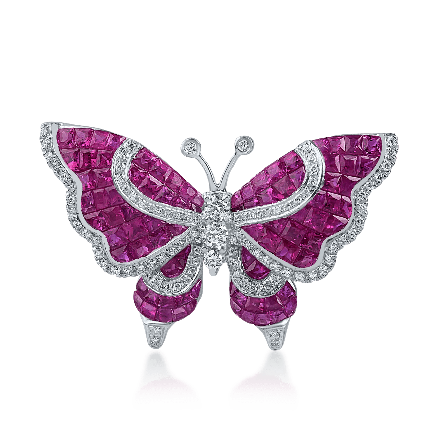 Brosă fluture din aur alb cu rubine de 3.35ct și diamante de 0.36ct Brosă fluture din aur alb cu rubine de 3.35ct și diamante de 0.36ct