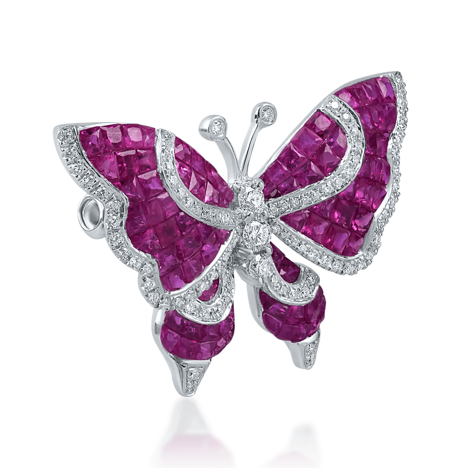 Brosă fluture din aur alb cu rubine și diamante Brosă fluture din aur alb cu rubine și diamante