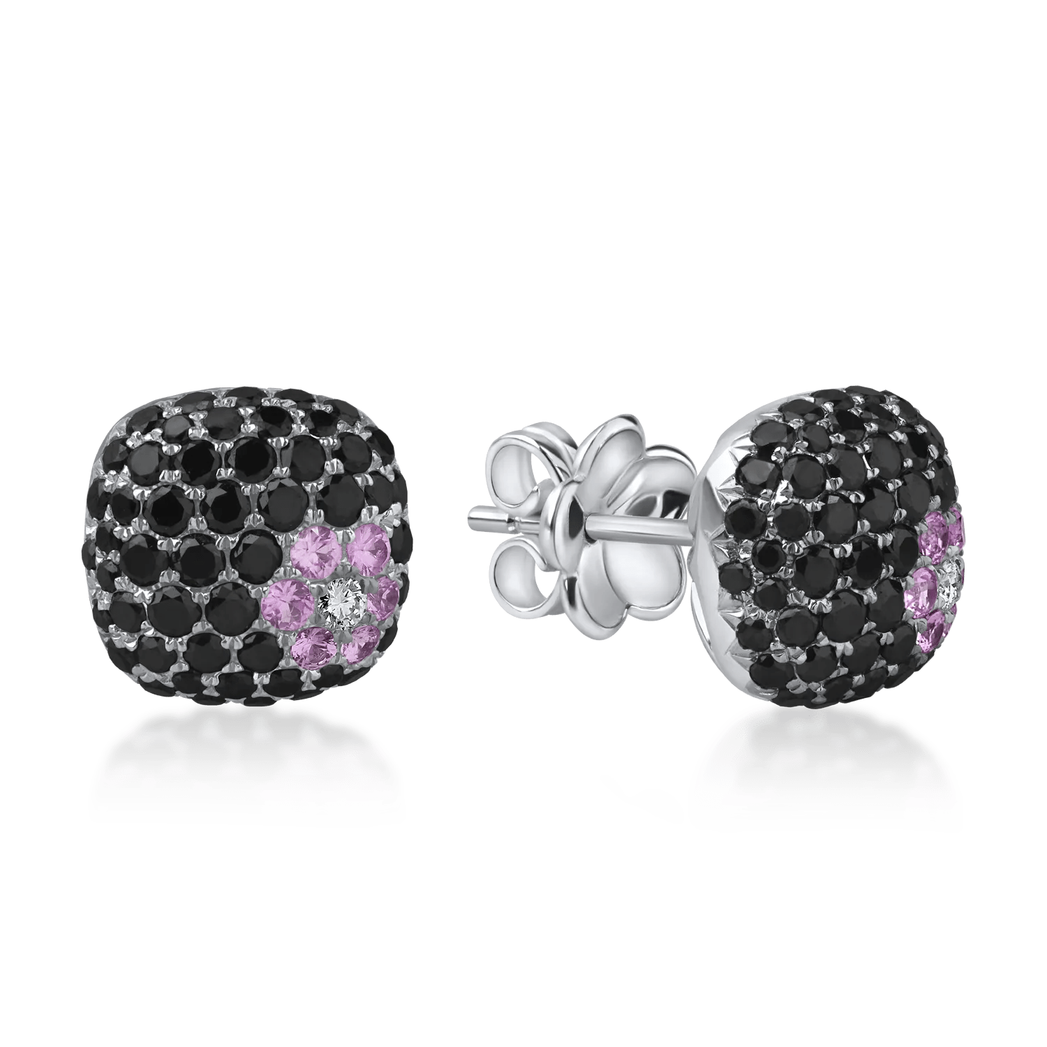 Cercei din aur alb cu diamante negre și incolore de 1.6ct și safire roz de 0.2ct Cercei din aur alb cu diamante negre și incolore de 1.6ct și safire roz de 0.2ct