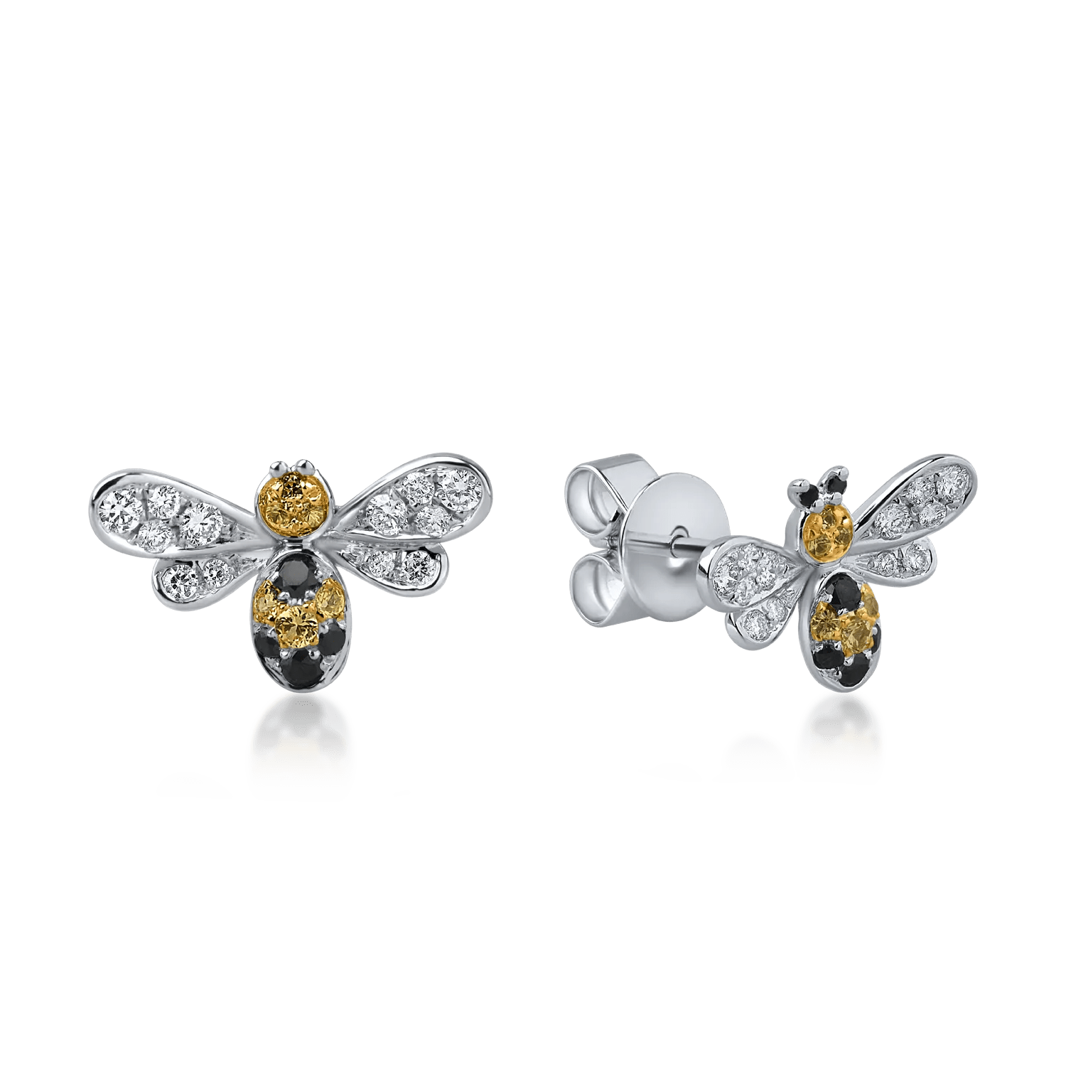Cercei albine din aur alb cu diamante negre și incolore de 0.3ct și safire galbene de 0.1ct Cercei albine din aur alb cu diamante negre și incolore de 0.3ct și safire galbene de 0.1ct