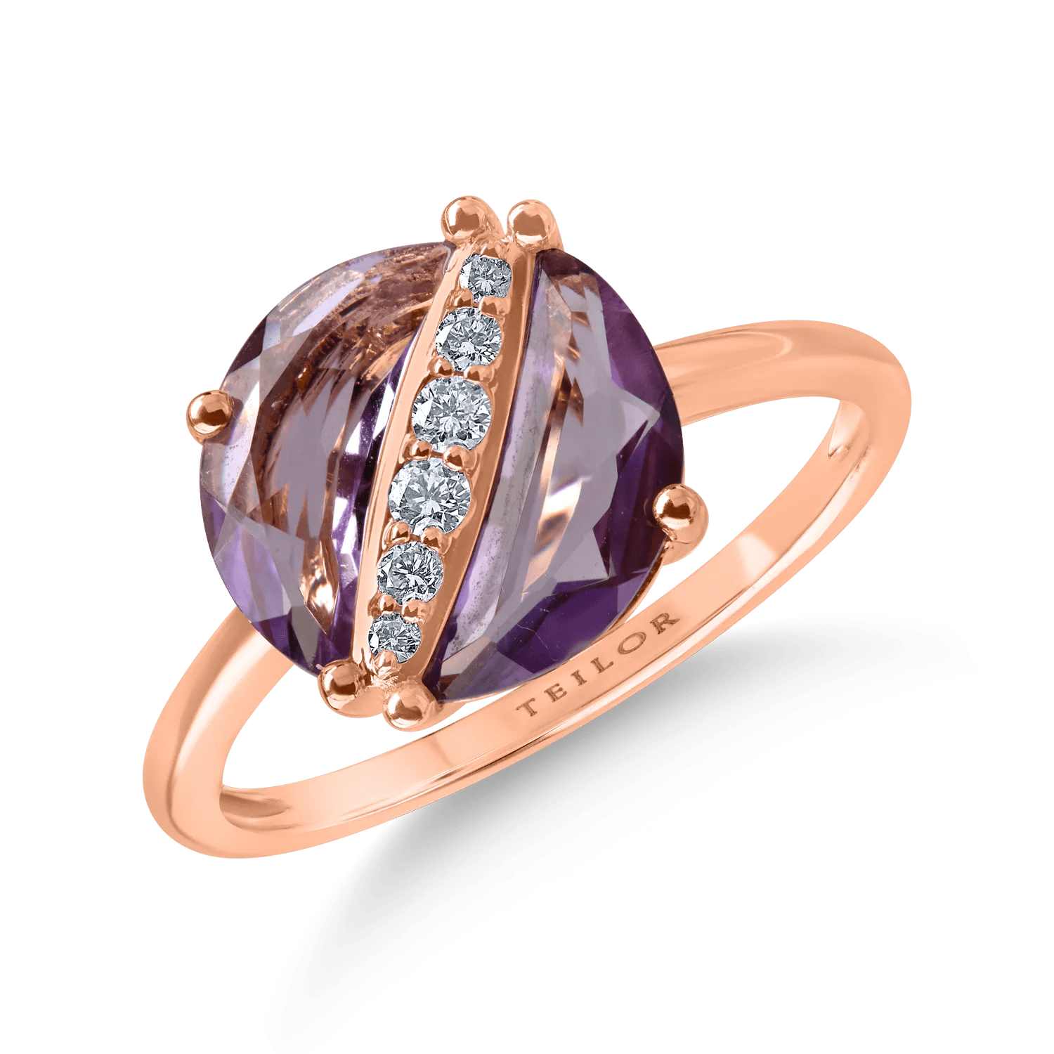 Inel rotund din aur roz cu ametiste de 1.4ct și diamante de 0.08ct Inel rotund din aur roz cu ametiste de 1.4ct și diamante de 0.08ct