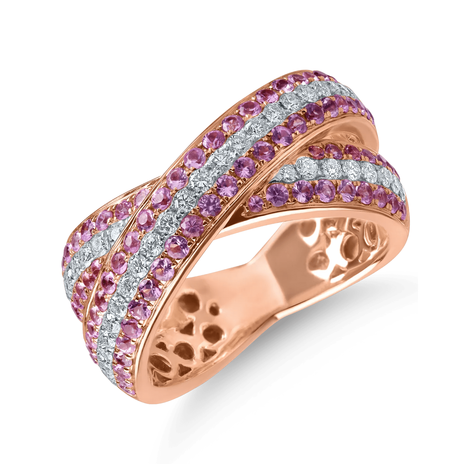 Inel din aur roz cu safire roz de 1ct și diamante de 0.4ct Inel din aur roz cu safire roz de 1ct și diamante de 0.4ct