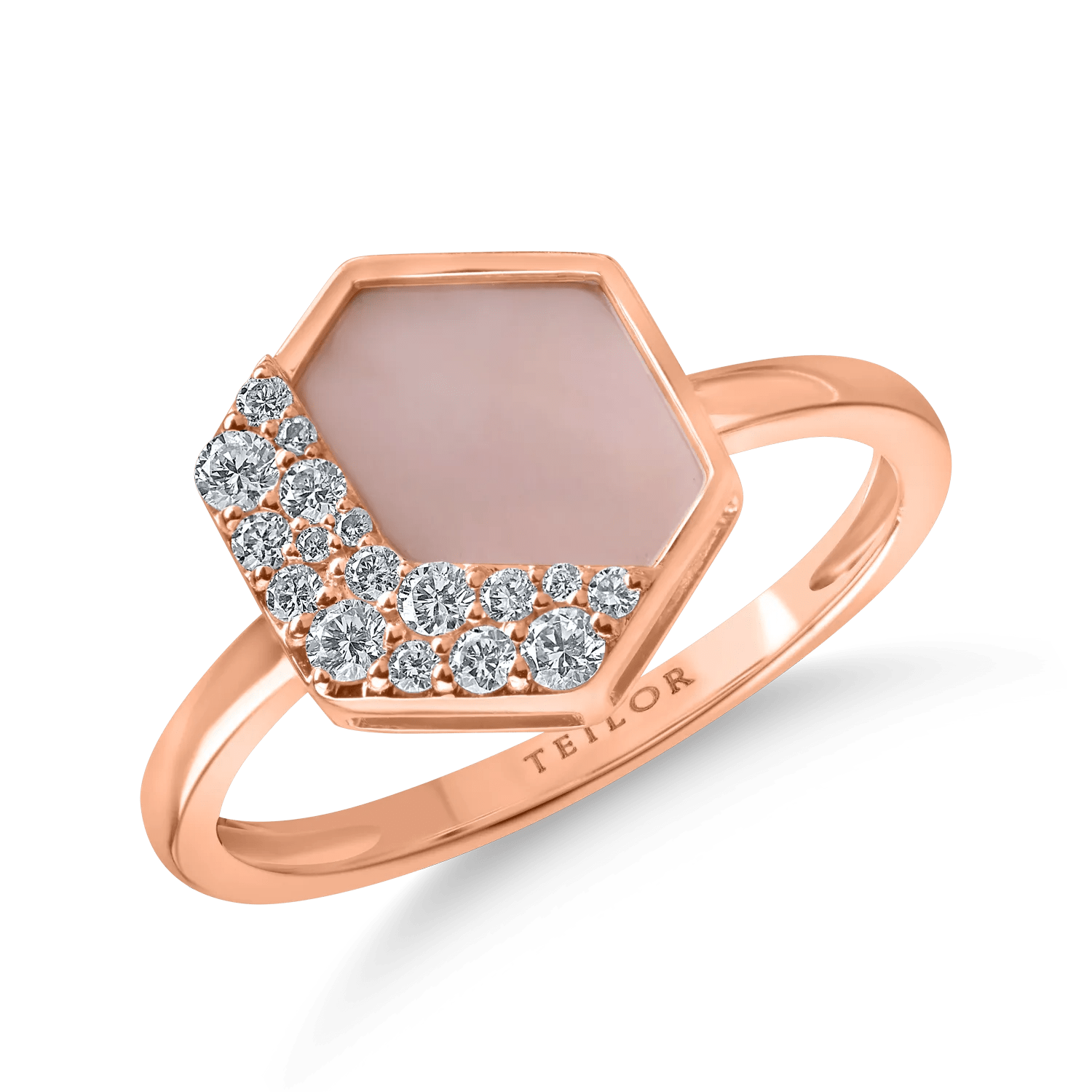 Inel geometric din aur roz cu sidef de 1.08ct și diamante de 0.18ct Inel geometric din aur roz cu sidef de 1.08ct și diamante de 0.18ct