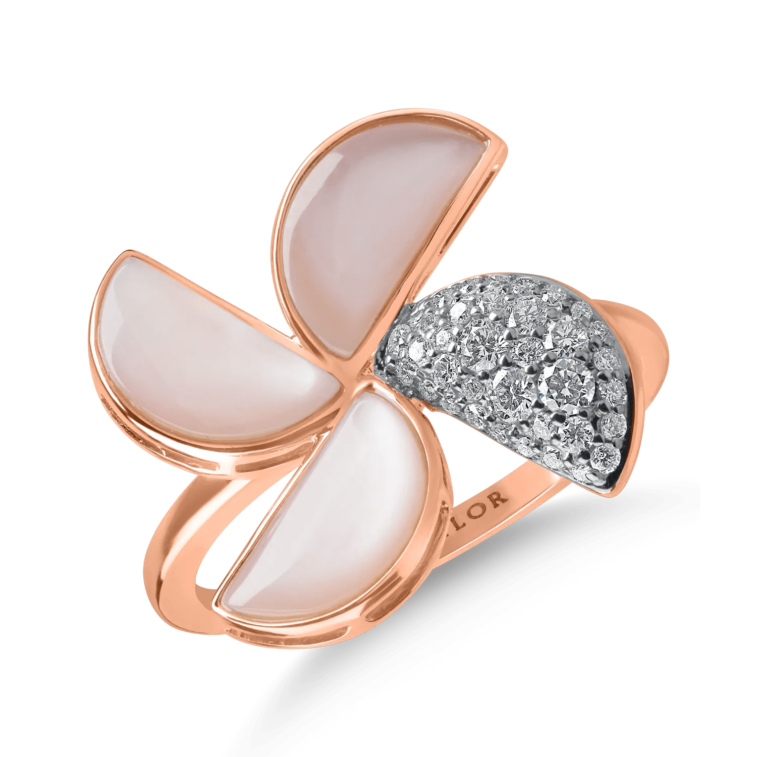 Inel floral din aur roz cu sidef de 2.31ct și diamante de 0.23ct Inel floral din aur roz cu sidef de 2.31ct și diamante de 0.23ct