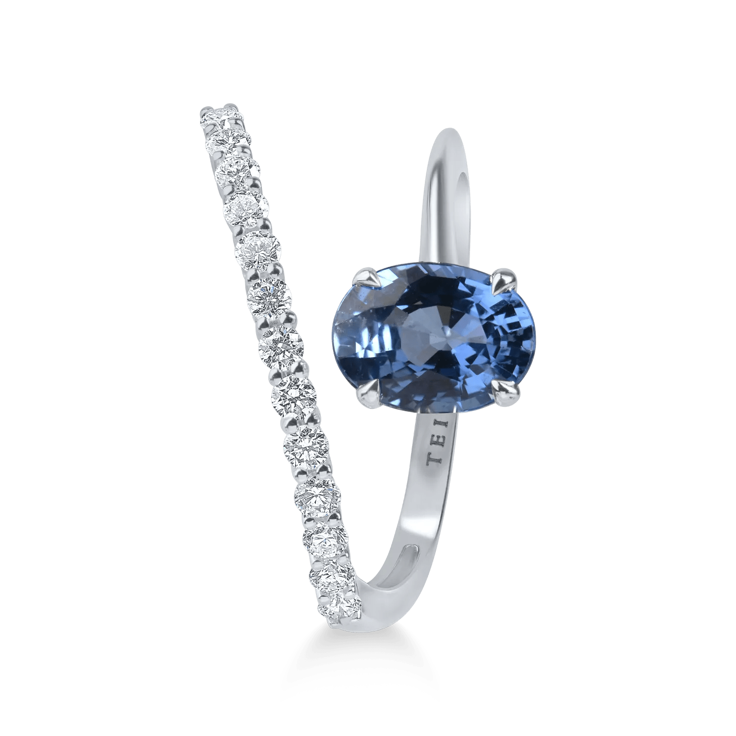 Inel deschis din aur alb cu safir albastru Inel deschis din aur alb cu safir albastru