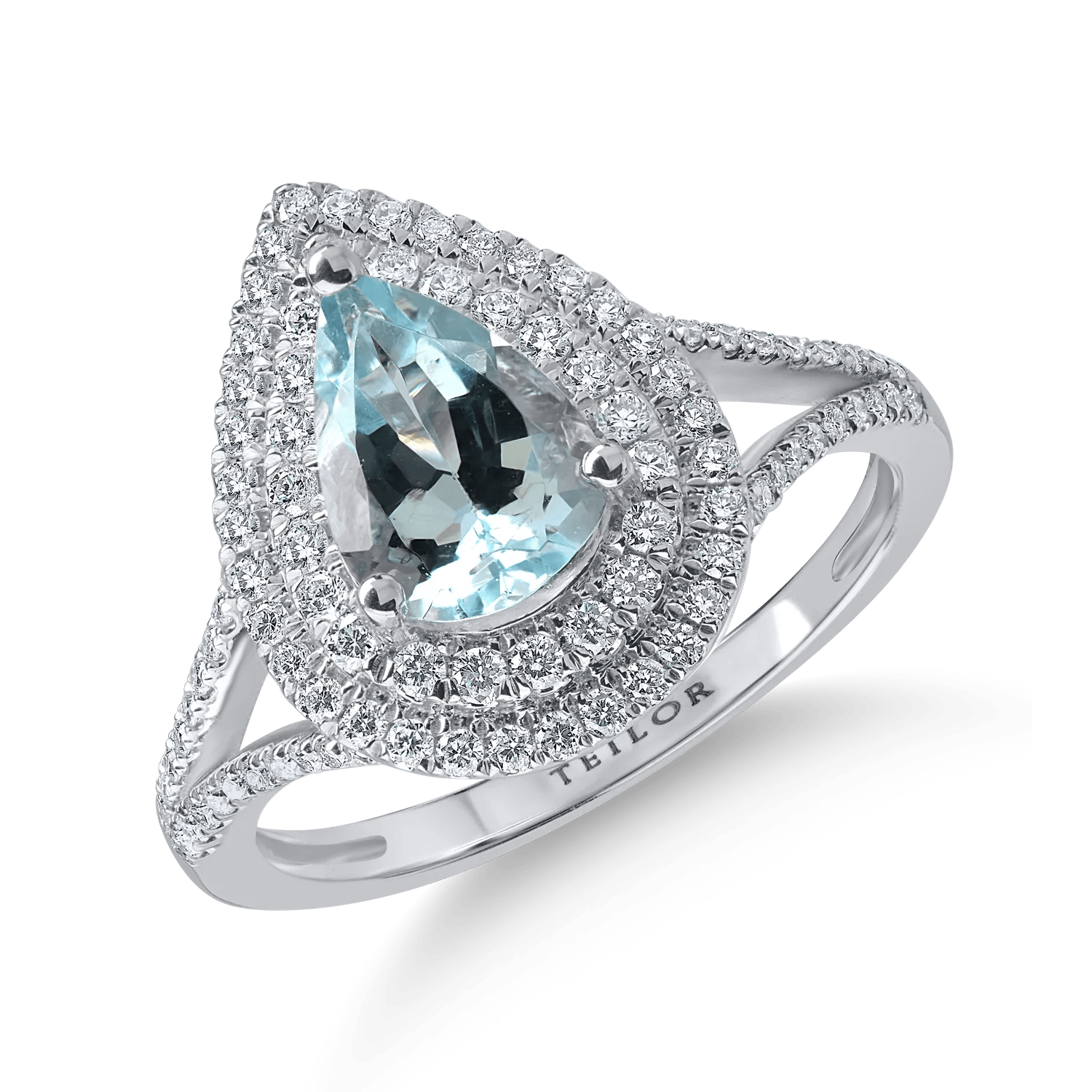 Inel din aur alb cu acvamarin tăietură pear de 1.27ct și diamante de 0.429ct Inel din aur alb cu acvamarin tăietură pear de 1.27ct și diamante de 0.429ct
