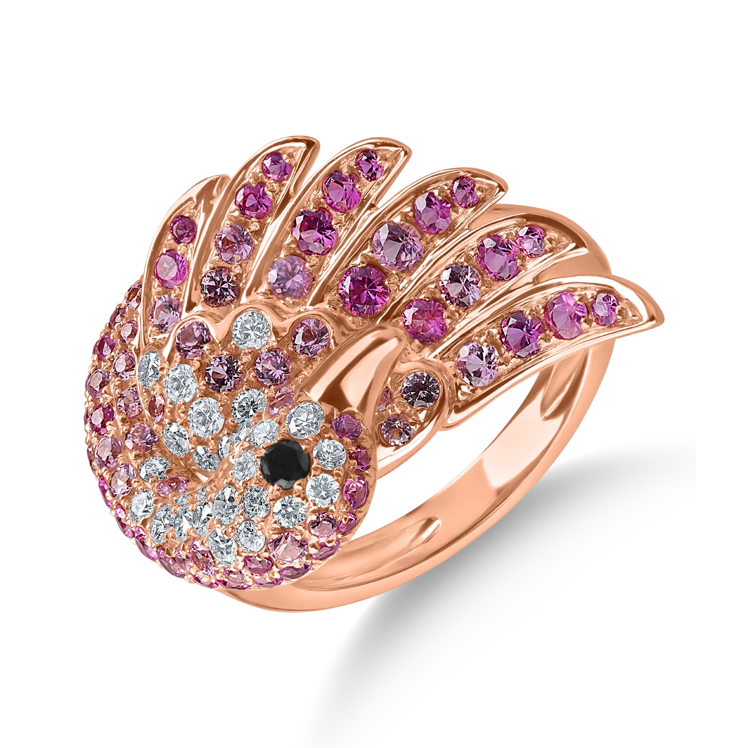 Inel lebăda din aur roz cu diamante negre și incolore de 0.3ct și safire roz de 1.2ct Inel lebăda din aur roz cu diamante negre și incolore de 0.3ct și safire roz de 1.2ct
