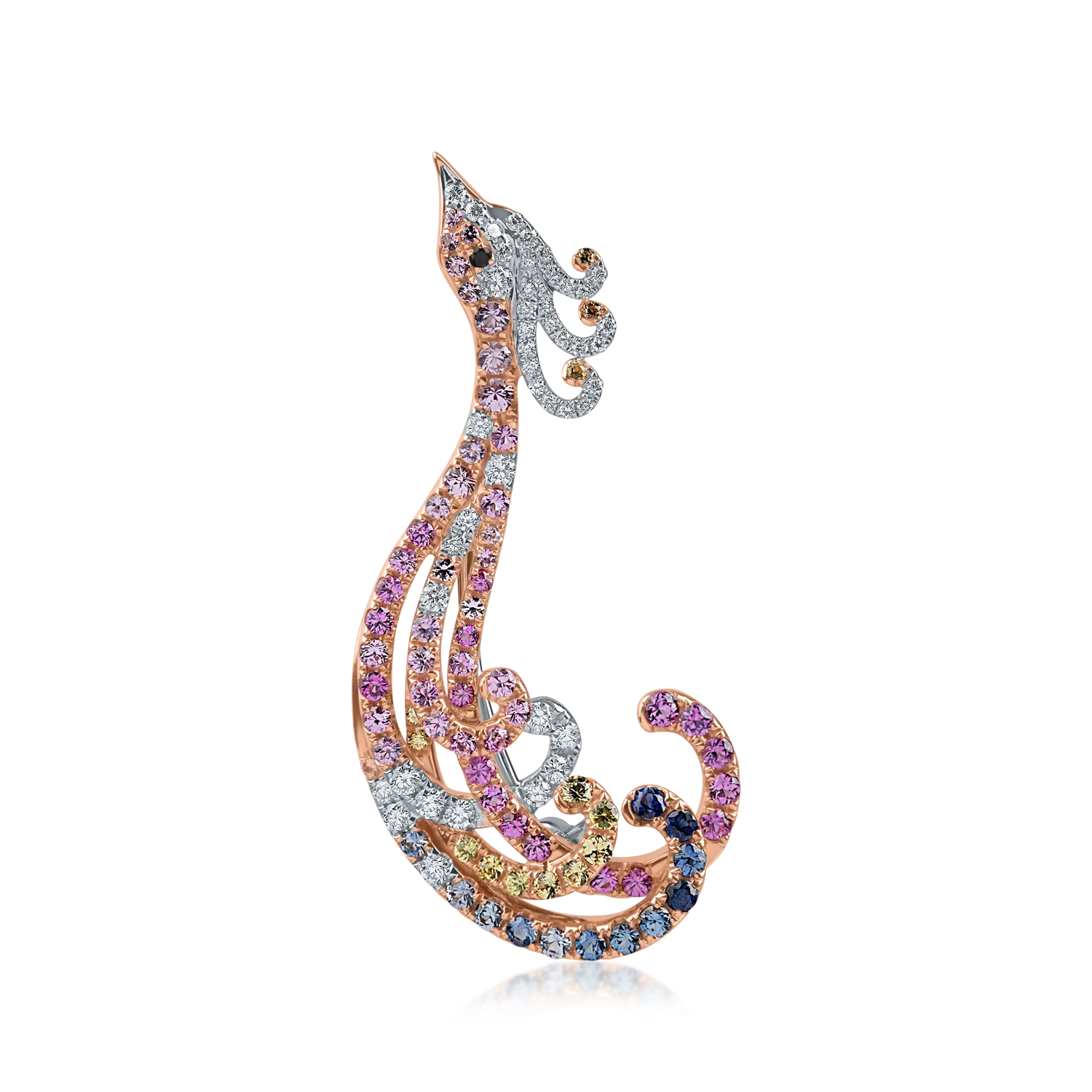 Brosă păun din aur alb-roz cu diamante de 0.3ct și safire multicolore de 0.5ct Brosă păun din aur alb-roz cu diamante de 0.3ct și safire multicolore de 0.5ct