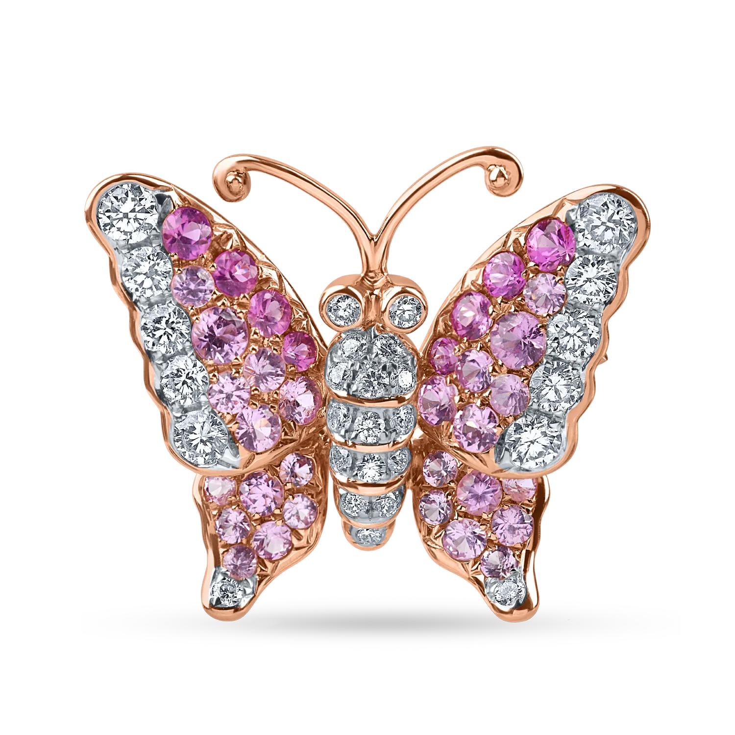 Brosă fluture din aur alb-roz cu diamante de 0.4ct și safire roz de 0.8ct Brosă fluture din aur alb-roz cu diamante de 0.4ct și safire roz de 0.8ct