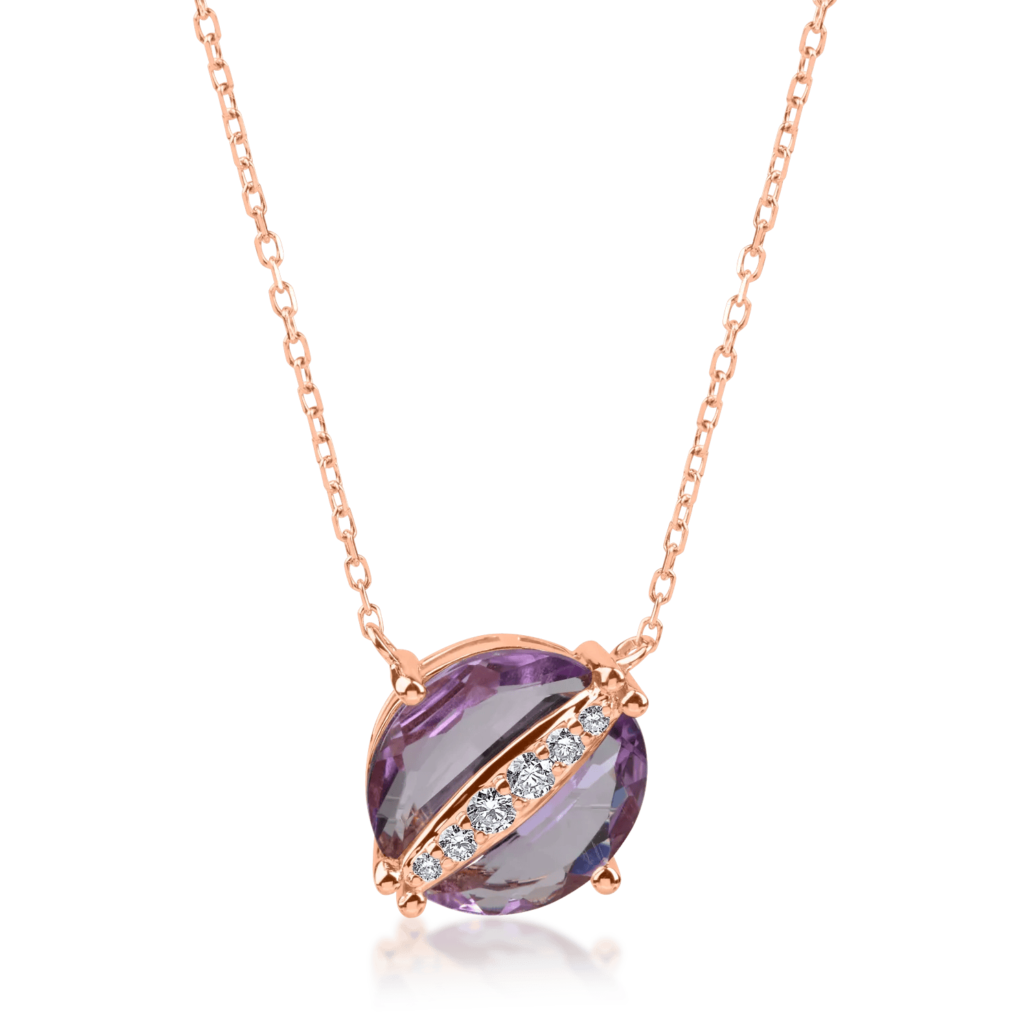 Lanț cu pandantiv rotund din aur roz, ametist de 1.41ct și diamante de 0.08ct – Teilor Lanț cu pandantiv rotund din aur roz, ametist de 1.41ct și diamante de 0.08ct – Teilor