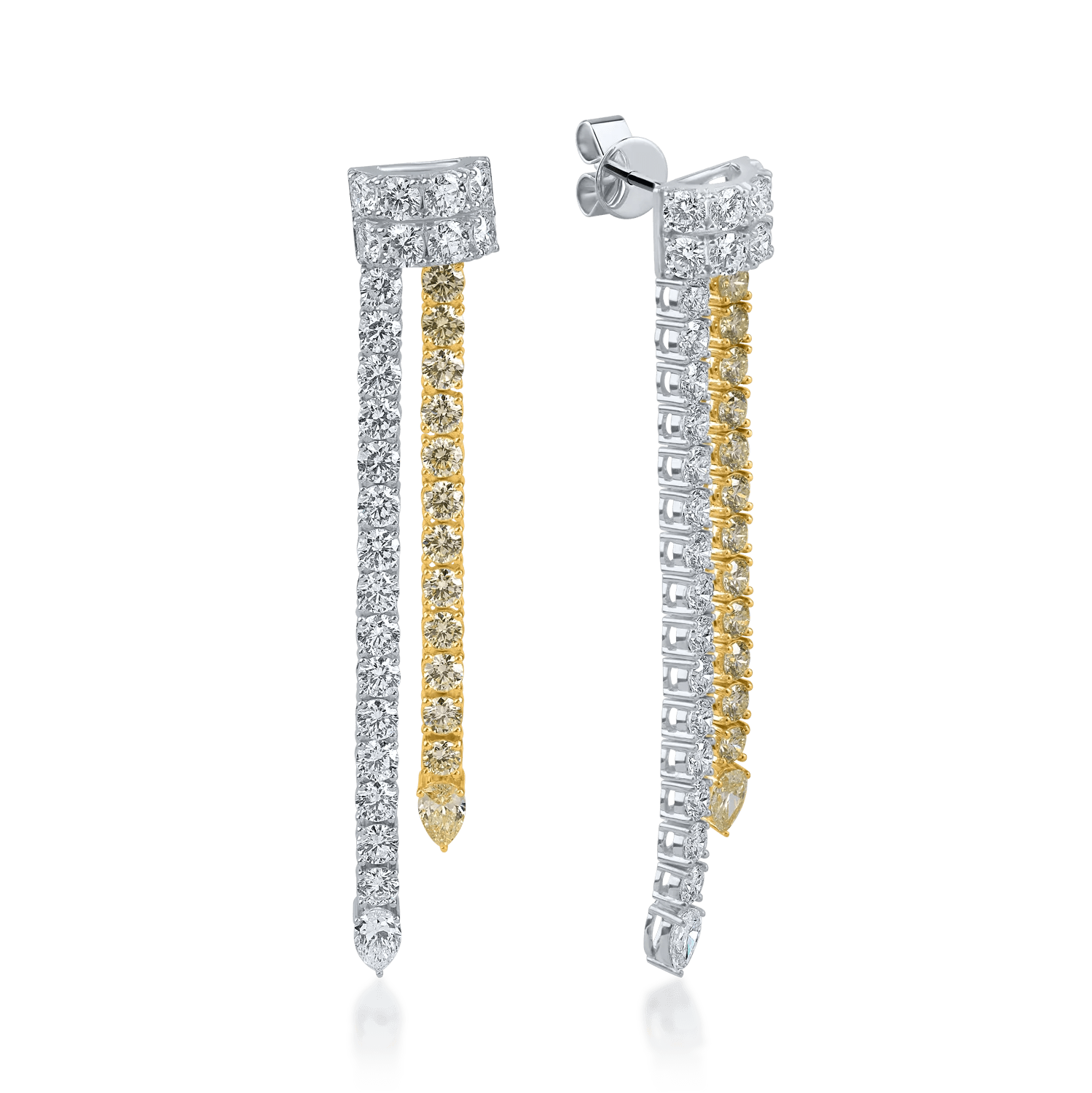 Cercei din aur alb-galben cu diamante galbene și incolore pear și rotunde de 8.23ct Cercei din aur alb-galben cu diamante galbene și incolore pear și rotunde de 8.23ct