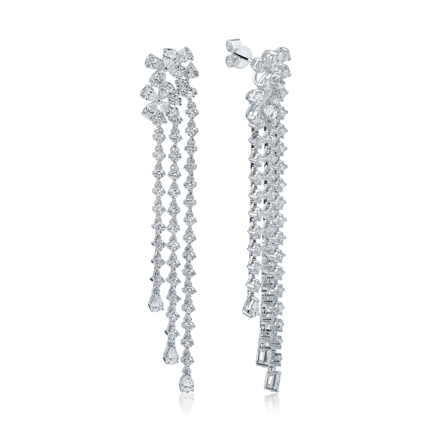 Cercei candelabru din aur alb cu diamante pear și rotunde de 4.21ct Cercei candelabru din aur alb cu diamante pear și rotunde de 4.21ct