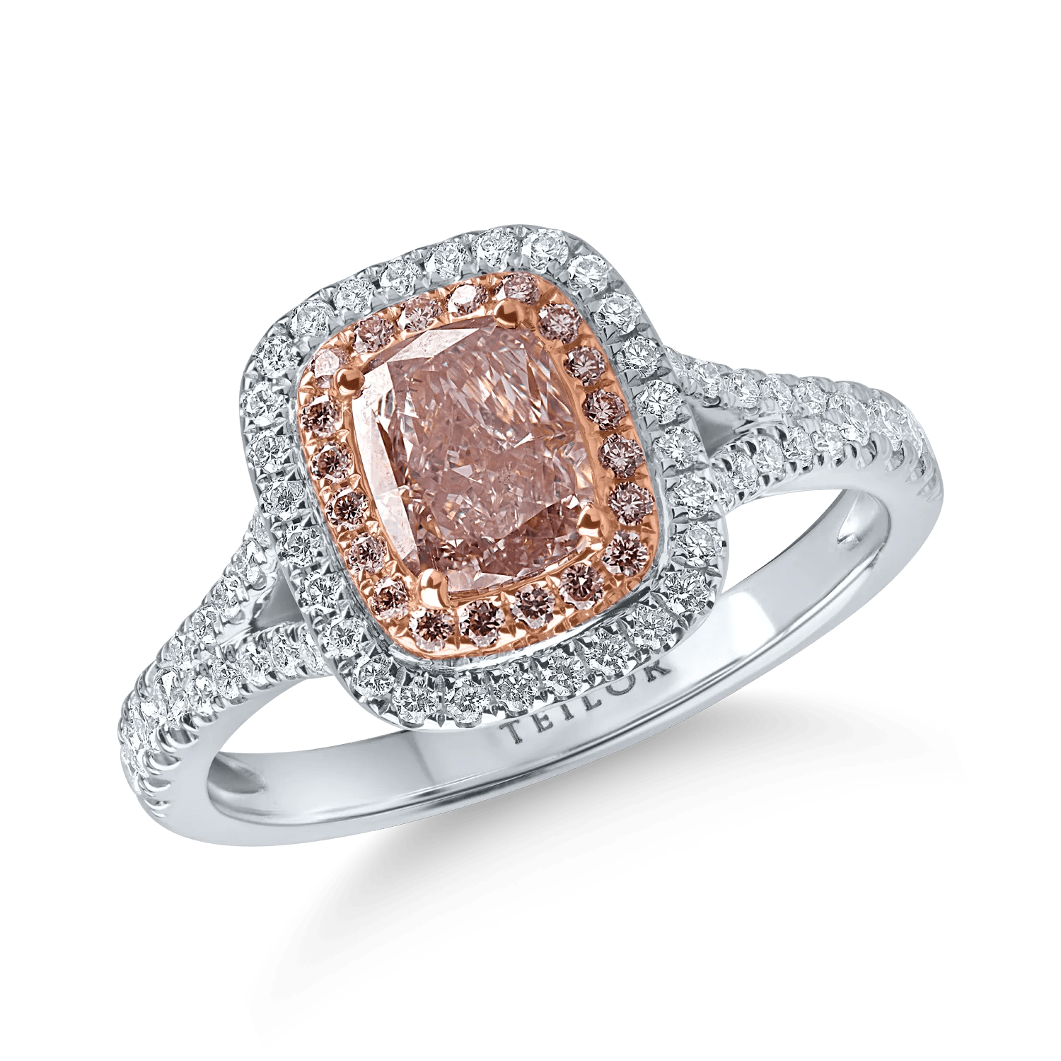 Inel din aur alb-roz cu diamant fancy roz de 1.01ct și diamante roz și incolore de 0.46ct Inel din aur alb-roz cu diamant fancy roz de 1.01ct și diamante roz și incolore de 0.46ct