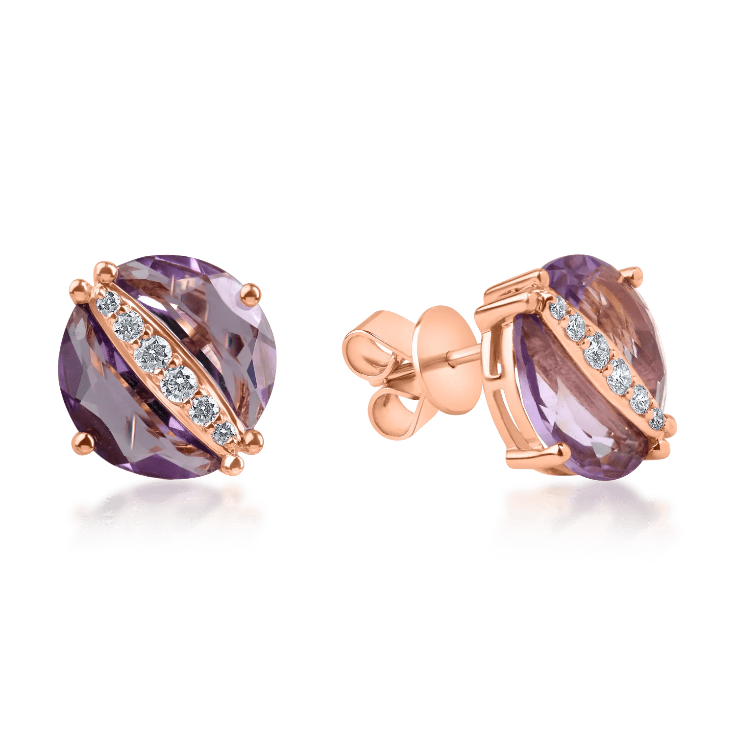 Cercei rotunzi din aur roz cu ametiste de 3.21ct și diamante de 0.18ct Cercei rotunzi din aur roz cu ametiste de 3.21ct și diamante de 0.18ct