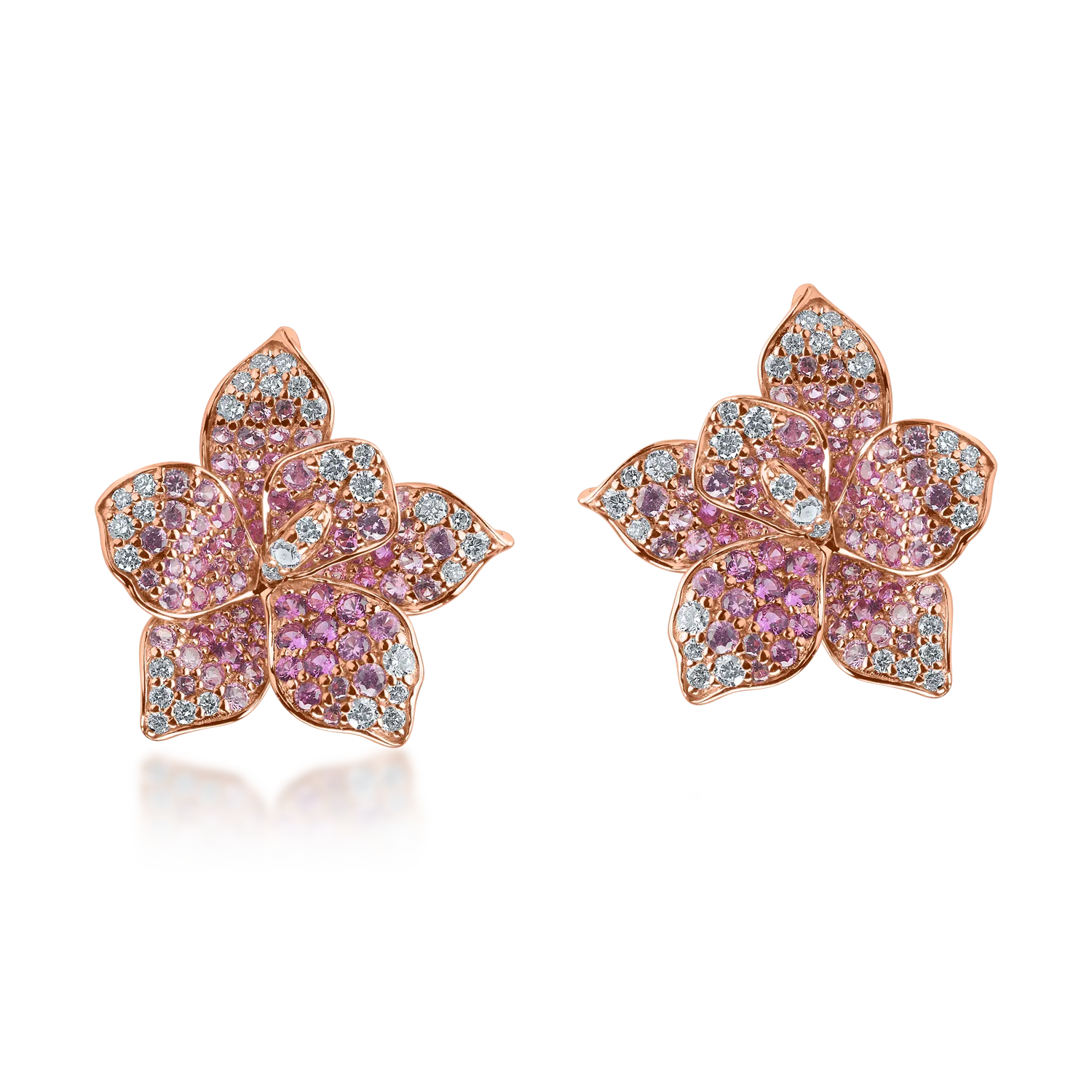 Cercei florali din aur roz cu safire roz de 1.33ct și diamante de 0.33ct Cercei florali din aur roz cu safire roz de 1.33ct și diamante de 0.33ct
