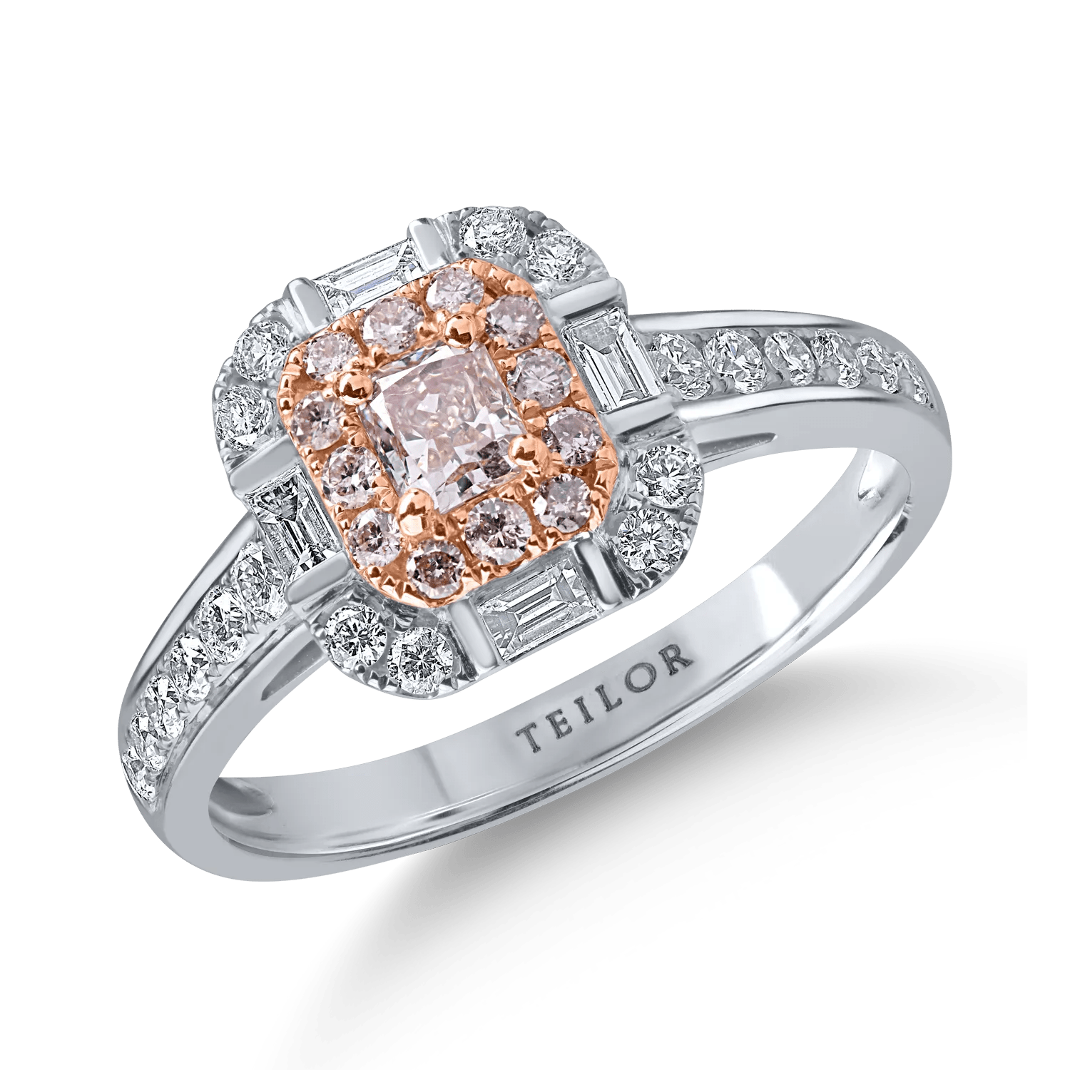 Inel din aur alb-roz cu diamant roz de 0.25ct și diamante incolore de 0.62ct Inel din aur alb-roz cu diamant roz de 0.25ct și diamante incolore de 0.62ct