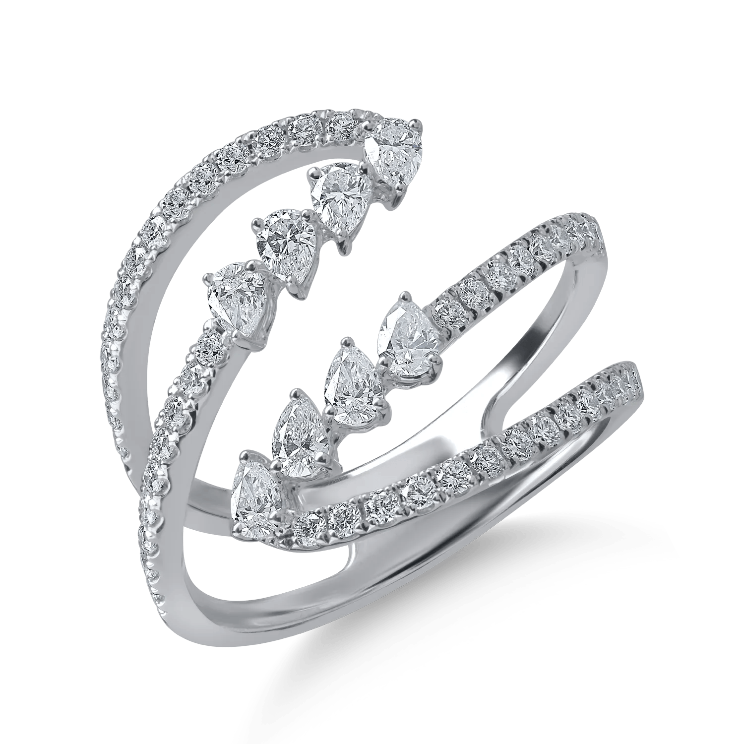 Inel deschis din aur alb cu diamante pear și rotunde de 0.97ct Inel deschis din aur alb cu diamante pear și rotunde de 0.97ct