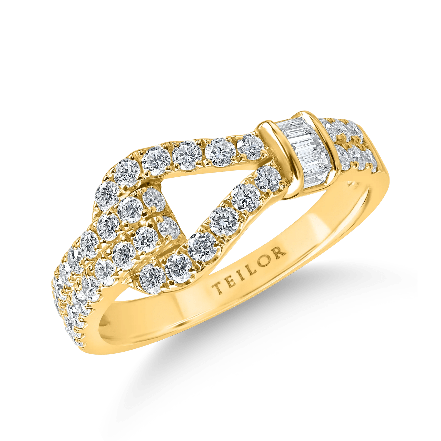 Inel geometric din aur galben cu diamante baguette și rotunde de 0.77ct Inel geometric din aur galben cu diamante baguette și rotunde de 0.77ct
