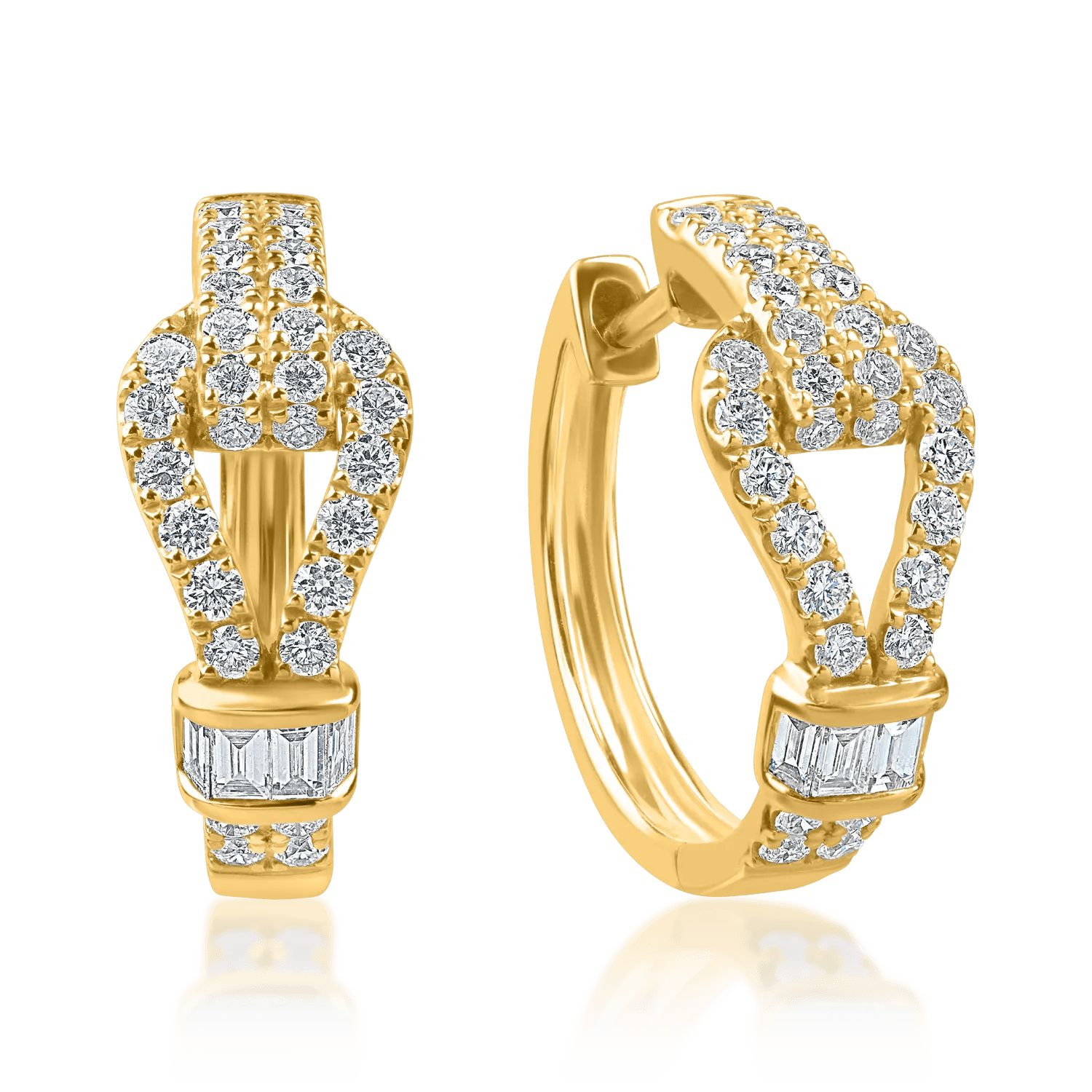 Cercei creole din aur galben cu diamante baguette și rotunde de 0.89ct Cercei creole din aur galben cu diamante baguette și rotunde de 0.89ct