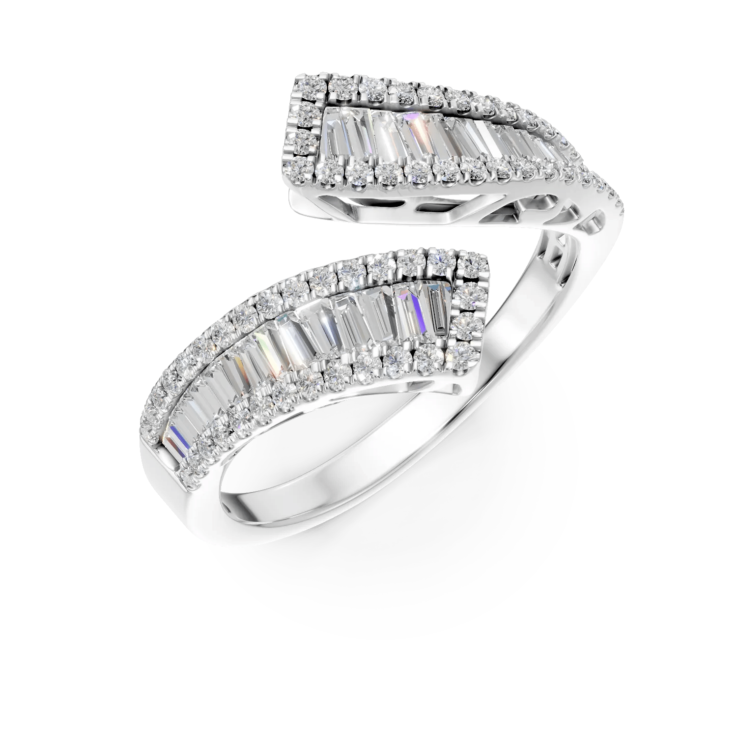 Inel deschis din aur alb cu diamante baguette și rotunde de 0.94ct Inel deschis din aur alb cu diamante baguette și rotunde de 0.94ct