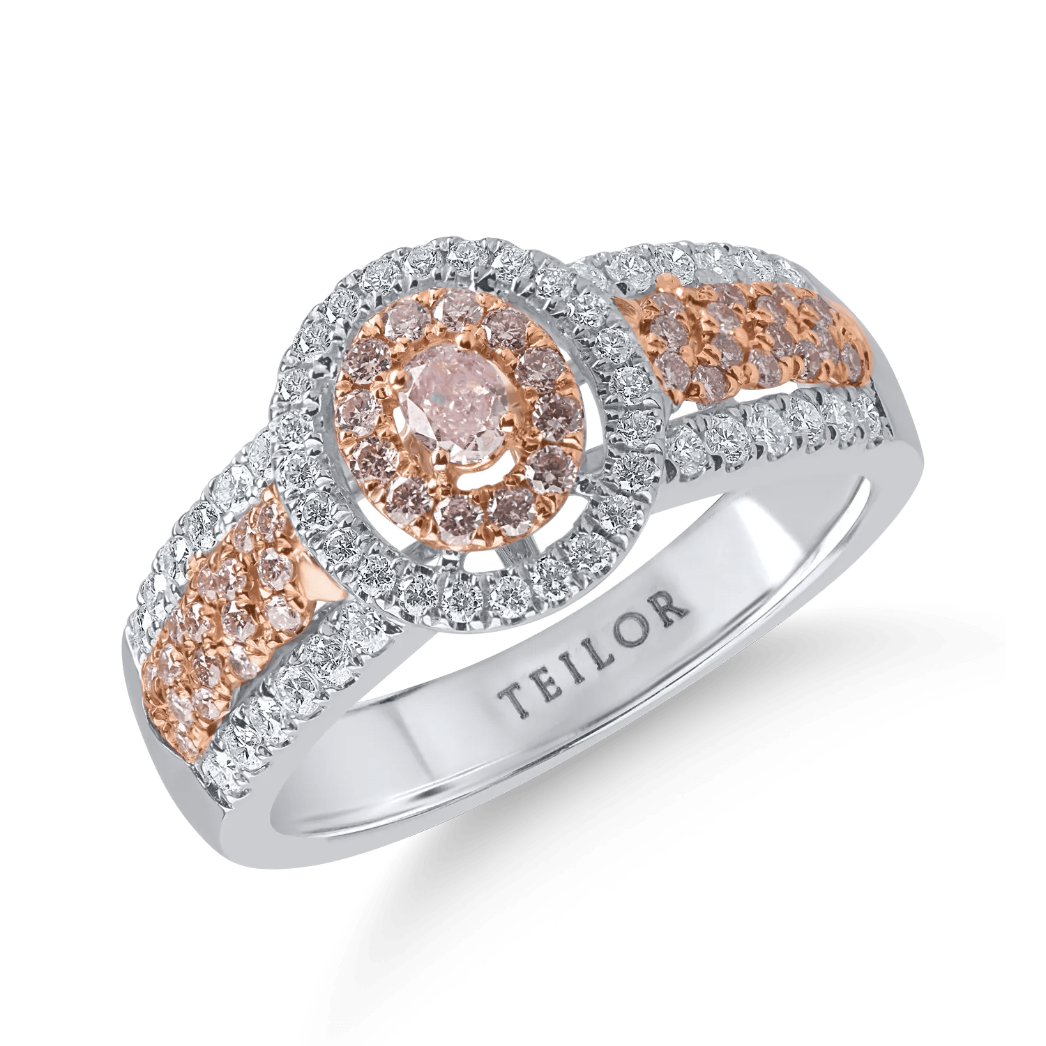 Inel din aur alb-roz cu diamante roz ovale şi rotunde şi diamante incolore de 0.71ct Inel din aur alb-roz cu diamante roz ovale şi rotunde şi diamante incolore de 0.71ct