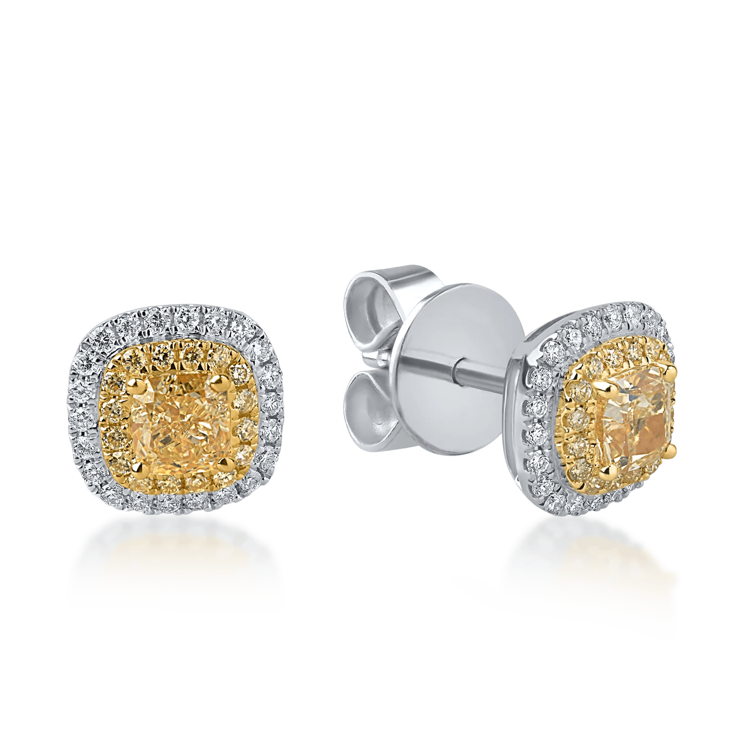 Cercei din aur alb-galben cu diamante galbene și incolore de 1.37ct, tăietură cushion și round Cercei din aur alb-galben cu diamante galbene și incolore de 1.37ct, tăietură cushion și round