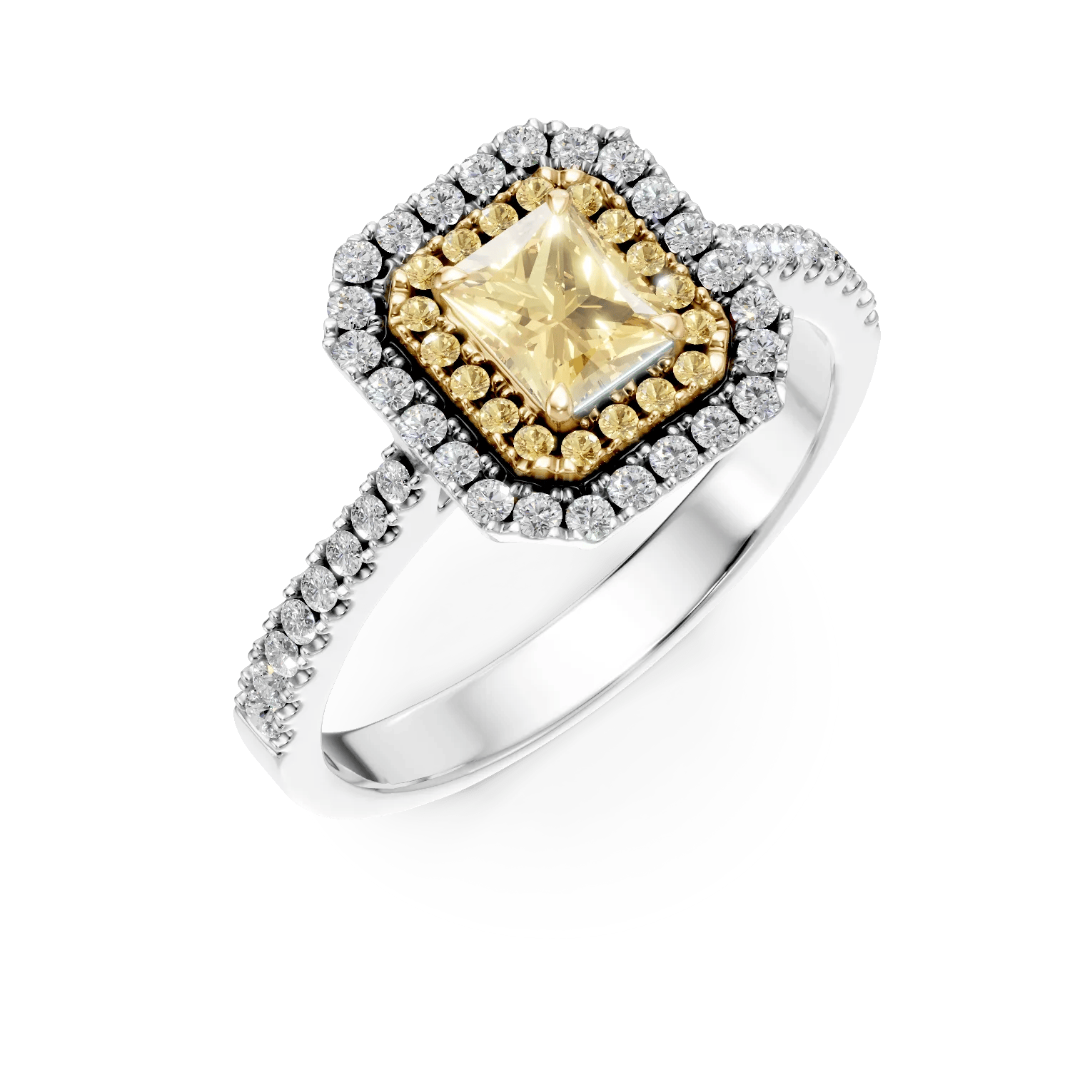 Inel din aur alb-galben cu diamante galbene rectangulare și rotunde de 0.91ct și diamante de 0.28ct – Teilor Inel din aur alb-galben cu diamante galbene rectangulare și rotunde de 0.91ct și diamante de 0.28ct – Teilor