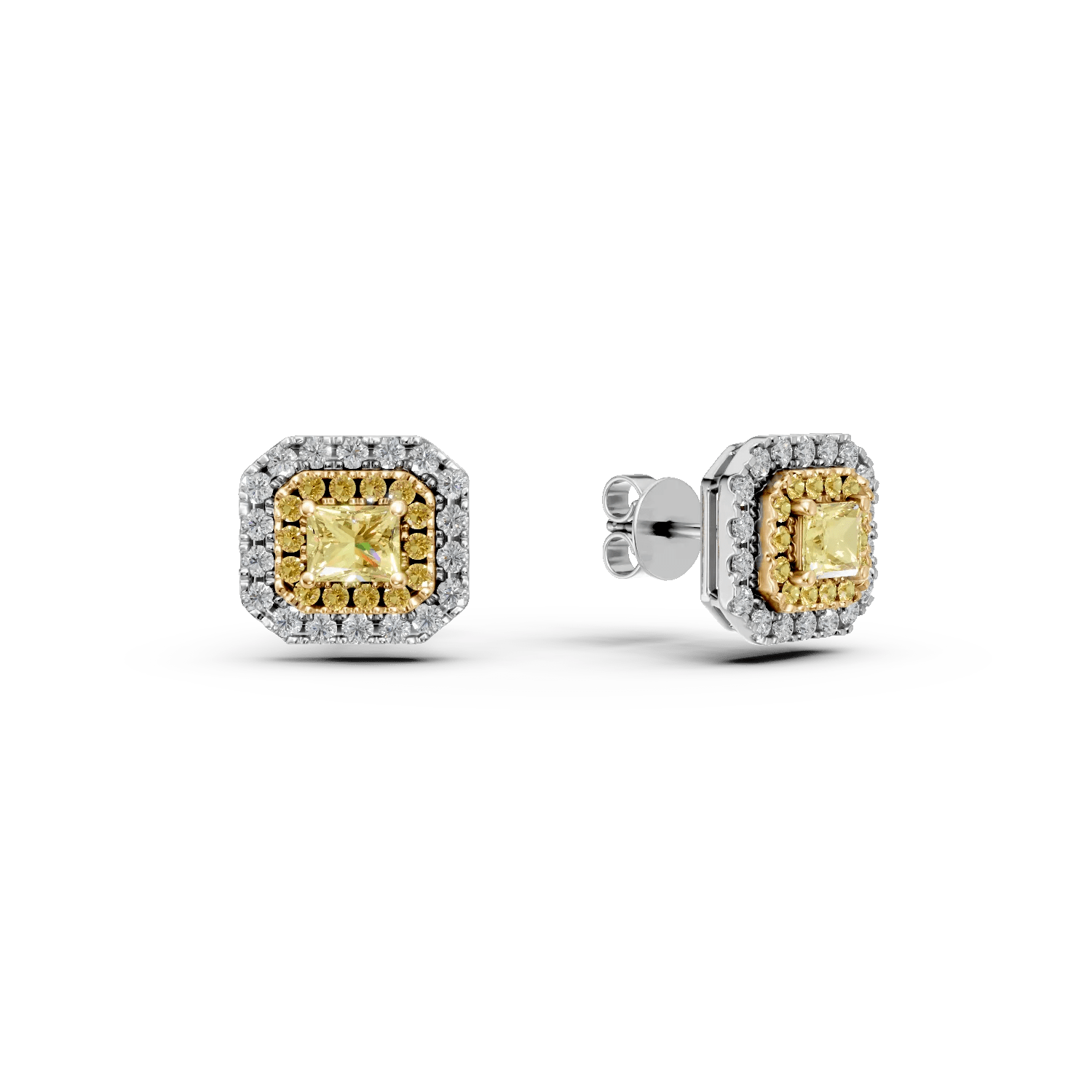 Cercei din aur alb-galben cu diamante galbene rectangulare si rotunde de 0.1ct si diamante de 0.65ct Cercei din aur alb-galben cu diamante galbene rectangulare si rotunde de 0.1ct si diamante de 0.65ct
