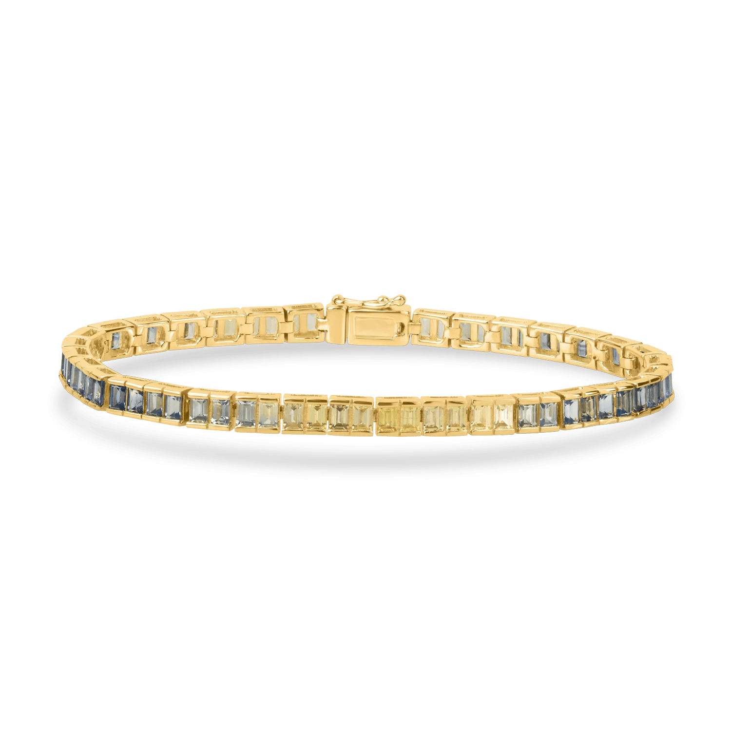 Brățară tennis din aur galben cu safire multicolore baguette de 6.37ct Brățară tennis din aur galben cu safire multicolore baguette de 6.37ct