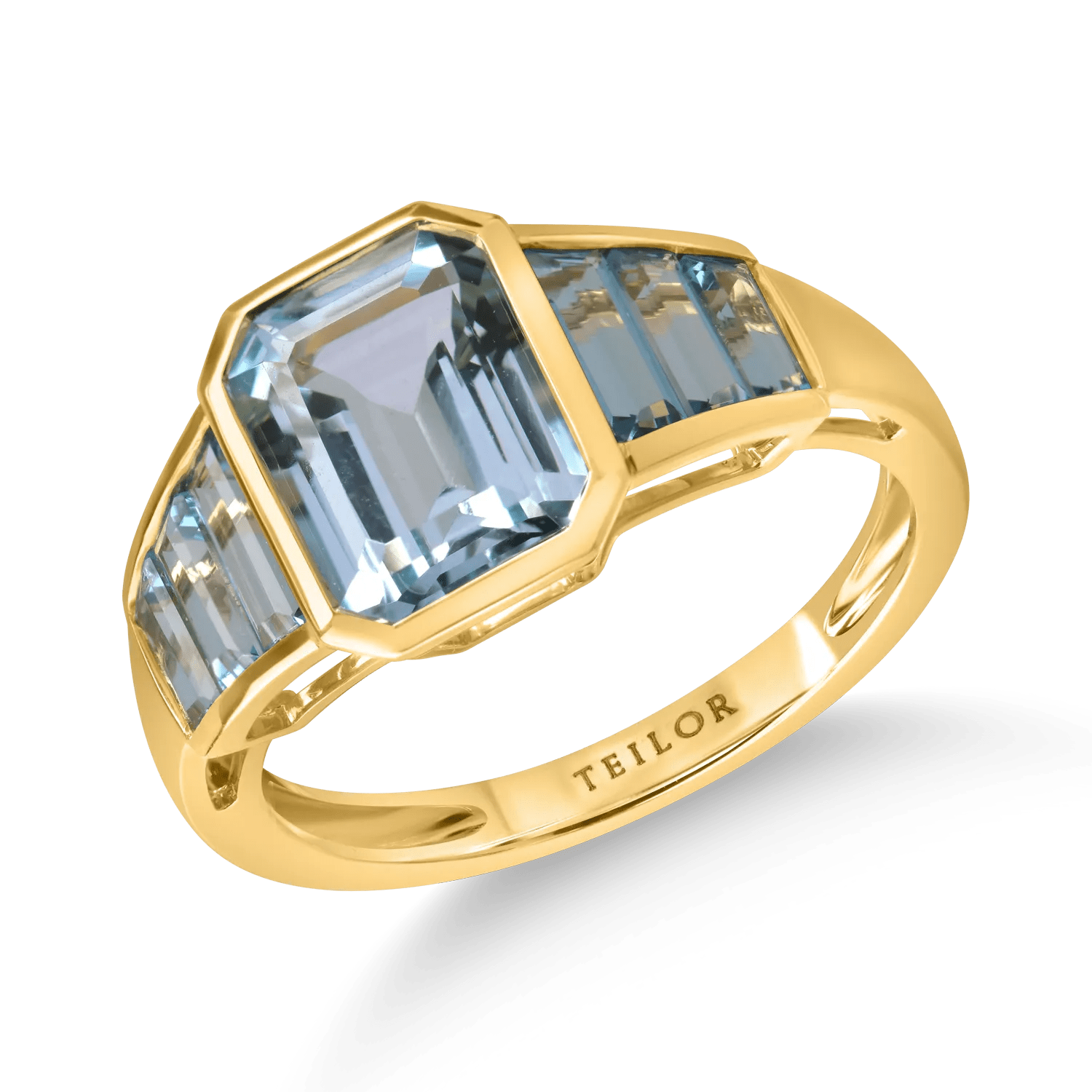 Inel din aur galben cu topaze albastre de 4ct, rectangular și baguette Inel din aur galben cu topaze albastre de 4ct, rectangular și baguette