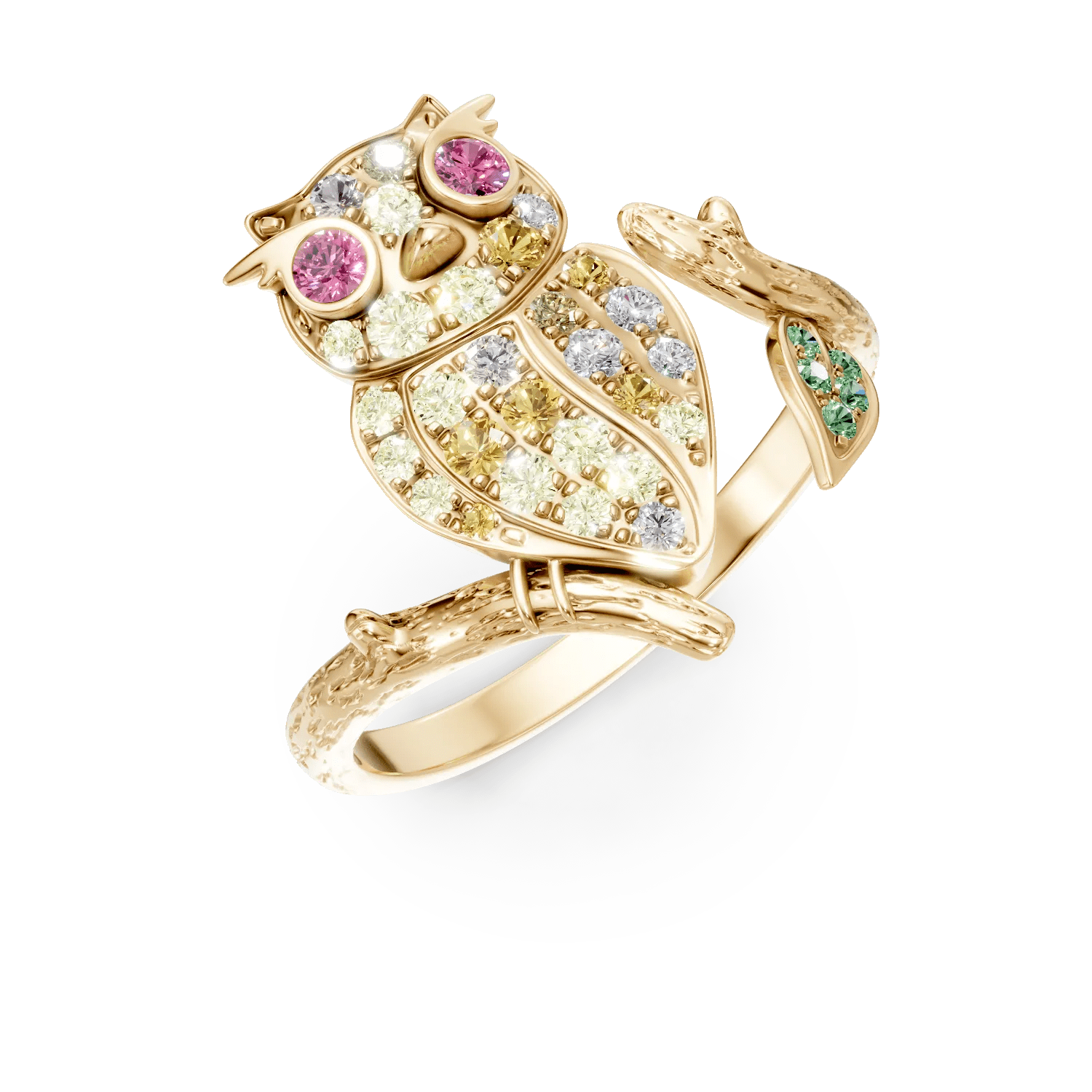 Inel cu bufnita din aur galben cu pietre pretioase si semipretioase de 0.58ct Inel cu bufnita din aur galben cu pietre pretioase si semipretioase de 0.58ct