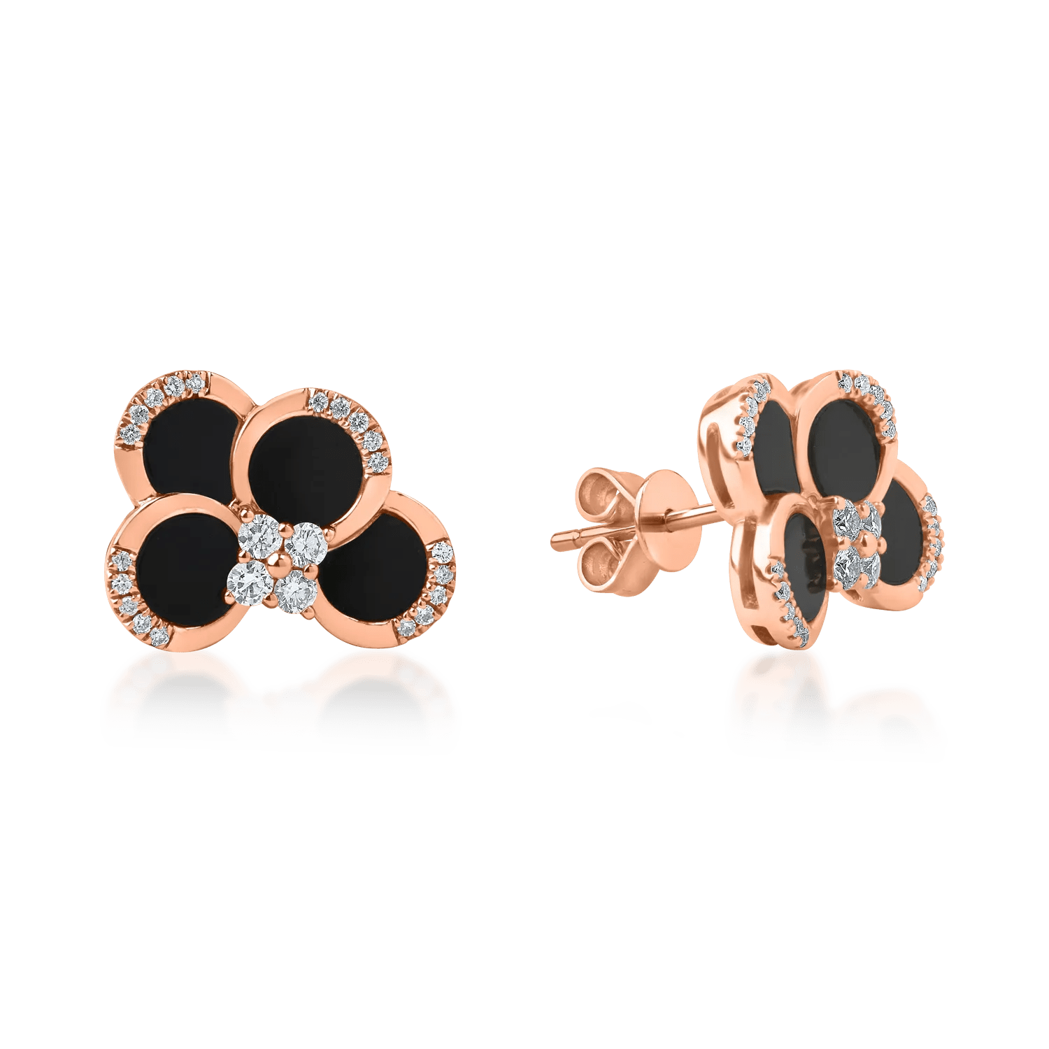 Cercei geometrice din aur roz cu onix și diamante Cercei geometrice din aur roz cu onix și diamante