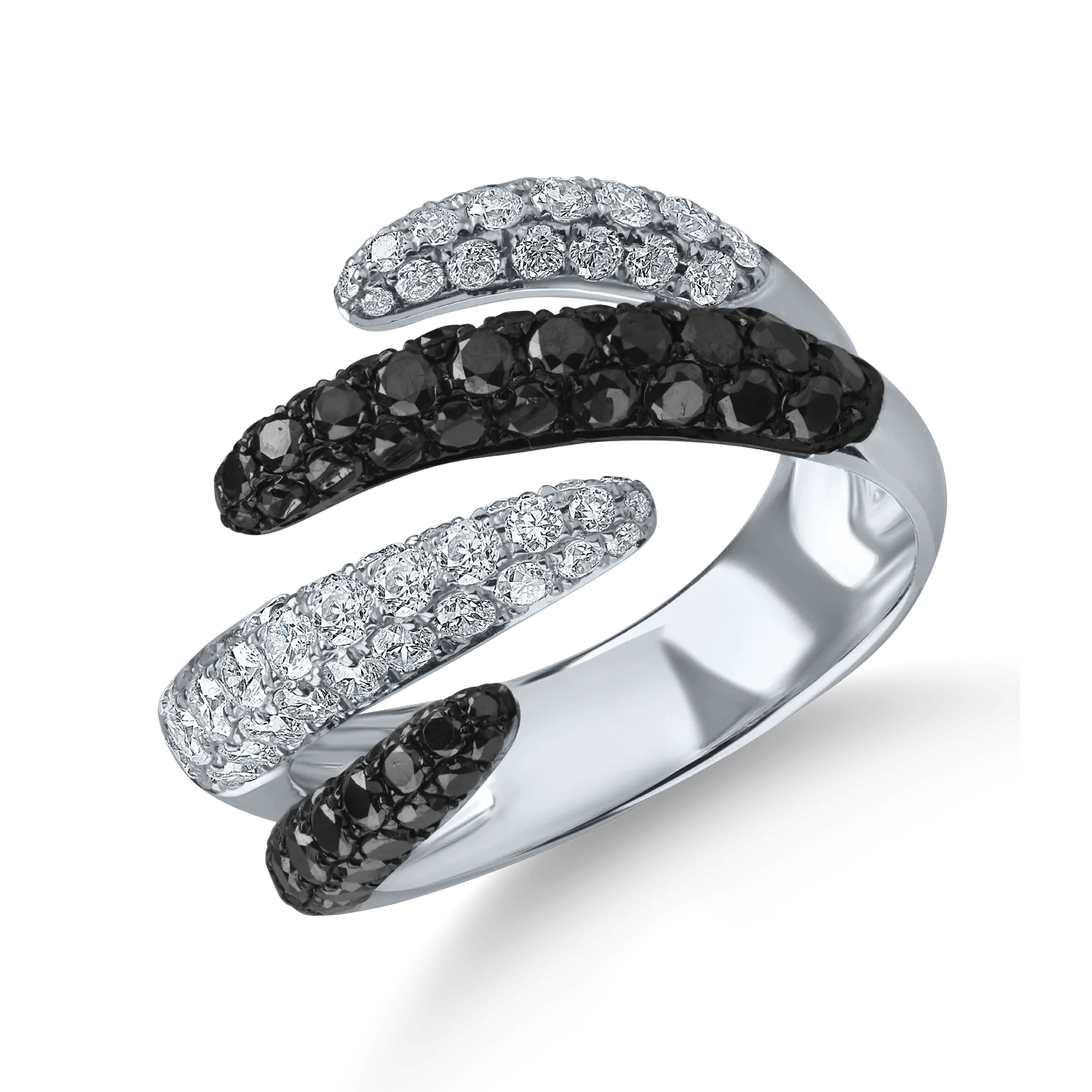 Inel deschis din aur alb cu diamante negre şi incolore de 1.84ct Inel deschis din aur alb cu diamante negre şi incolore de 1.84ct