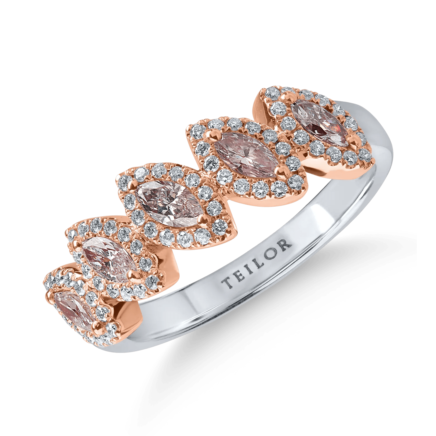 Inel din aur alb-roz cu diamante roz marquise de 0.49ct și diamante de 0.26ct Inel din aur alb-roz cu diamante roz marquise de 0.49ct și diamante de 0.26ct