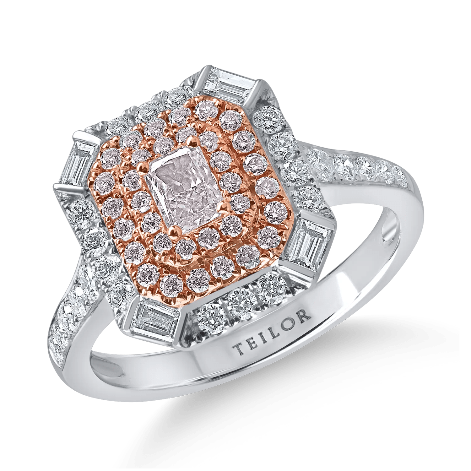 Inel din aur alb-roz cu diamante roz rectangulare și rotunde de 0.48ct și diamante baguette și rotunde de 0.59ct Inel din aur alb-roz cu diamante roz rectangulare și rotunde de 0.48ct și diamante baguette și rotunde de 0.59ct