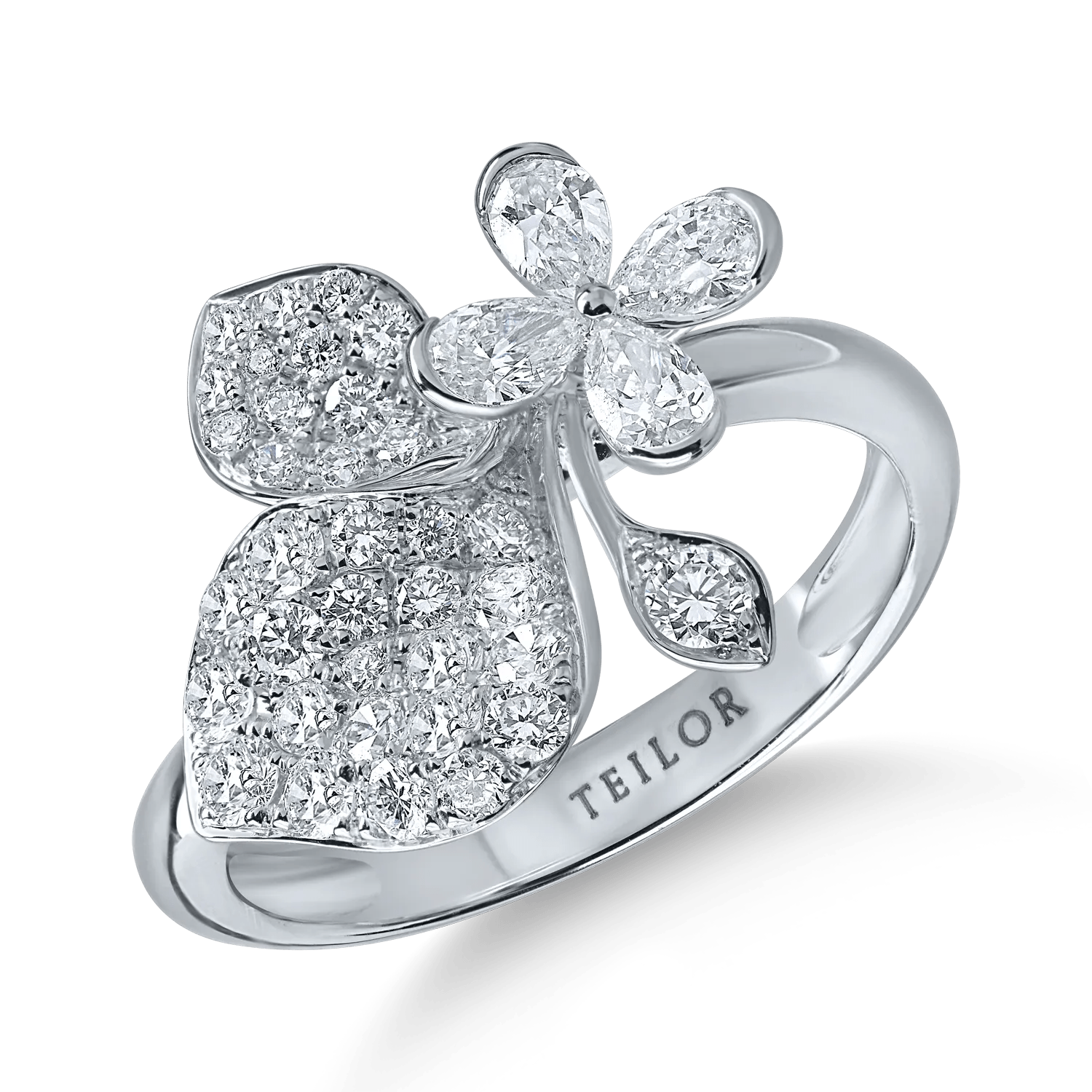Inel floral din aur alb cu diamante pear și rotunde de 0.96ct Inel floral din aur alb cu diamante pear și rotunde de 0.96ct