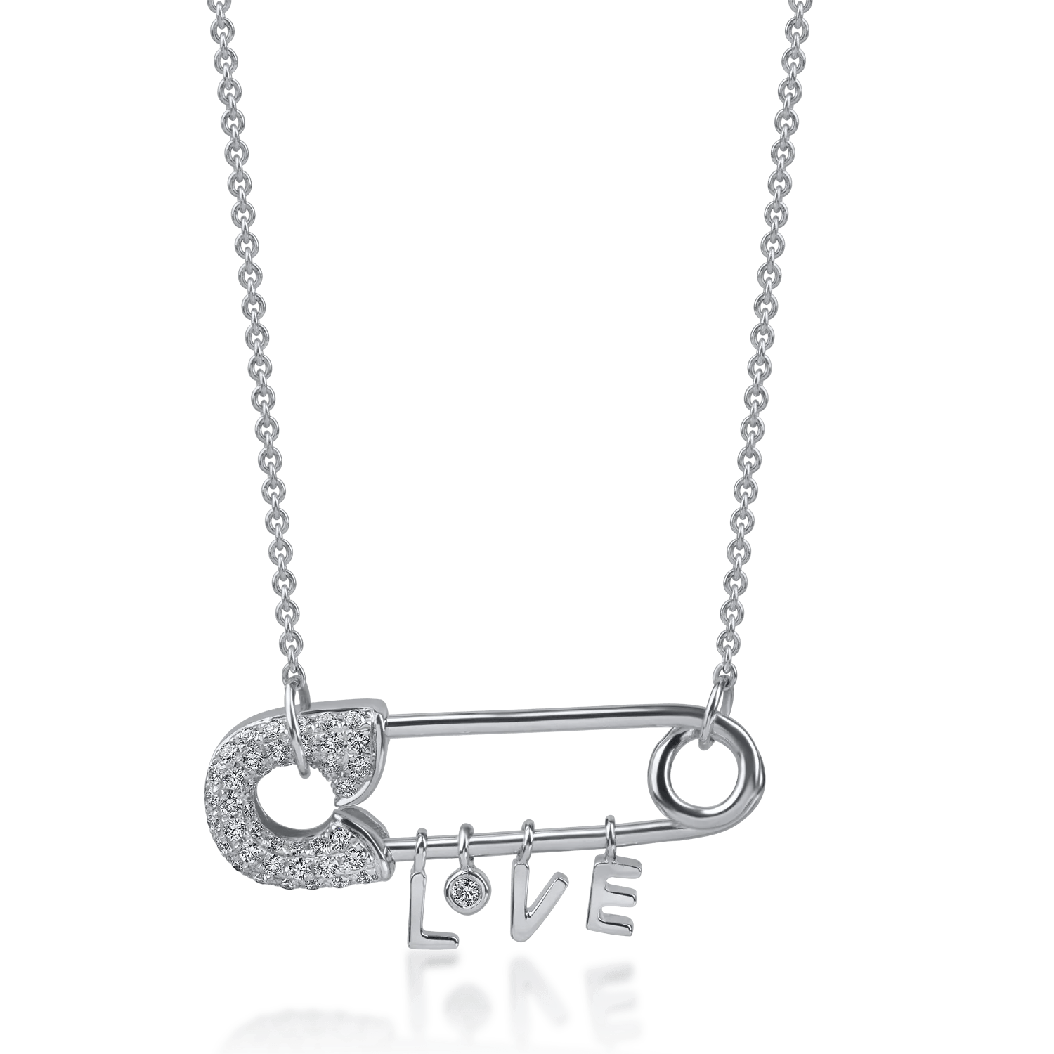 Lănțișor cu pandantiv ac de siguranță din aur alb cu diamante de 0.3ct Lănțișor cu pandantiv ac de siguranță din aur alb cu diamante de 0.3ct
