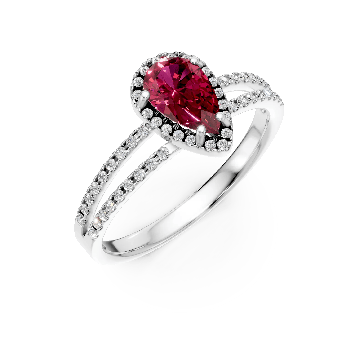 Inel din aur alb cu rubin pear de 1.05ct și diamante de 0.3ct – Teilor Inel din aur alb cu rubin pear de 1.05ct și diamante de 0.3ct – Teilor