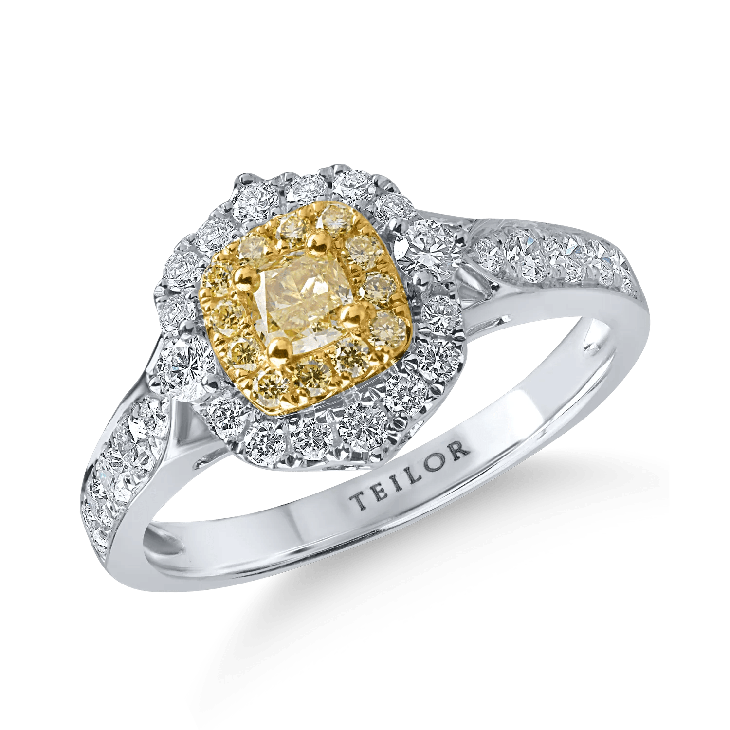 Inel clasic din aur alb-galben cu diamante galbene și incolore de 0.92ct Inel clasic din aur alb-galben cu diamante galbene și incolore de 0.92ct