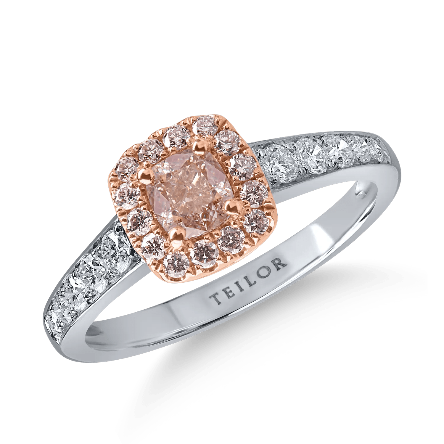Inel din aur alb-roz cu diamante roz cushion și rotunde și diamante incolore de 0.97ct Inel din aur alb-roz cu diamante roz cushion și rotunde și diamante incolore de 0.97ct