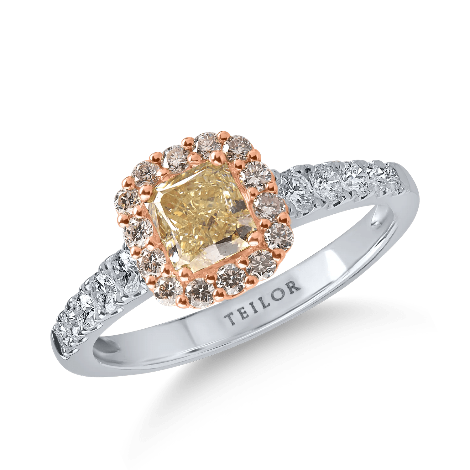 Inel din aur alb-roz cu diamant galben cushion de 0.72ct Inel din aur alb-roz cu diamant galben cushion de 0.72ct