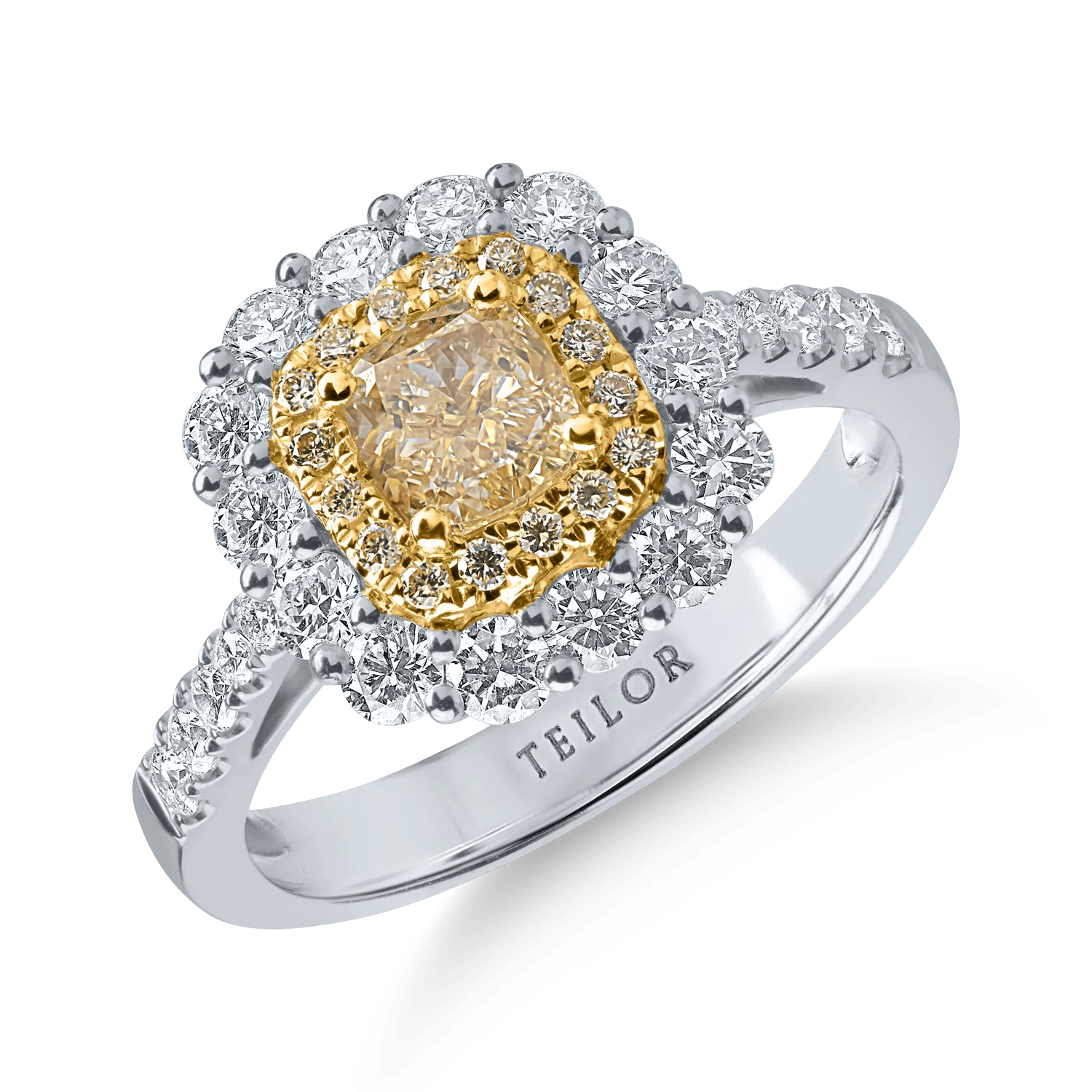 Inel din aur alb-galben cu diamant galben cushion de 0.71ct și diamante galbene și incolore de 0.98ct Inel din aur alb-galben cu diamant galben cushion de 0.71ct și diamante galbene și incolore de 0.98ct