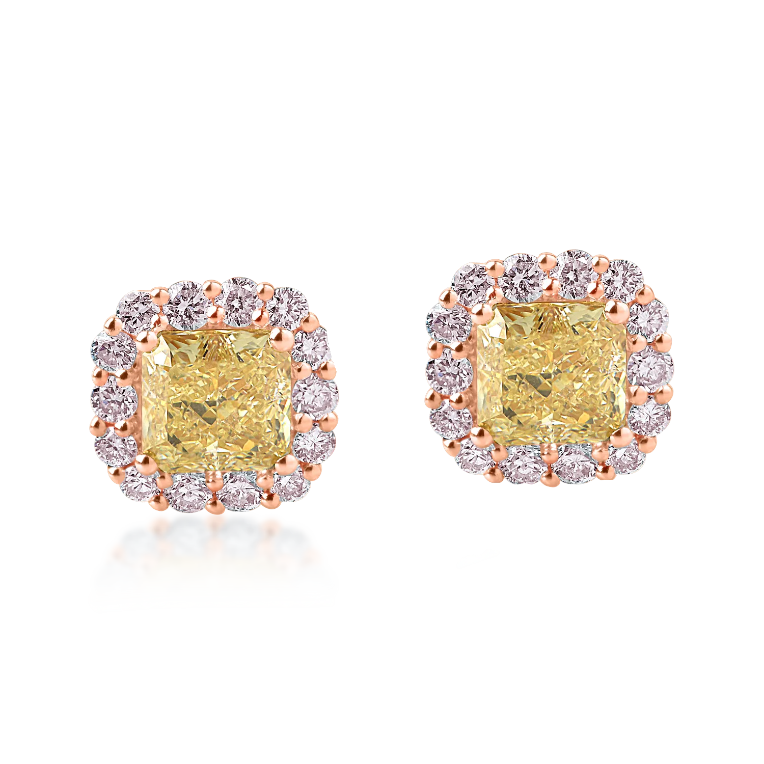 Cercei din aur roz cu diamante galbene cushion de 1.49ct și diamante roz de 0.43ct Cercei din aur roz cu diamante galbene cushion de 1.49ct și diamante roz de 0.43ct