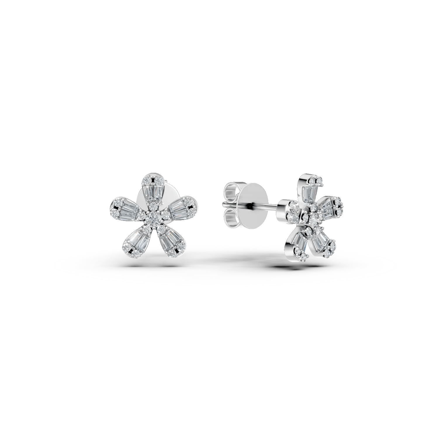 Cercei flori din aur alb cu diamante baguette și rotunde de 0.35ct Cercei flori din aur alb cu diamante baguette și rotunde de 0.35ct