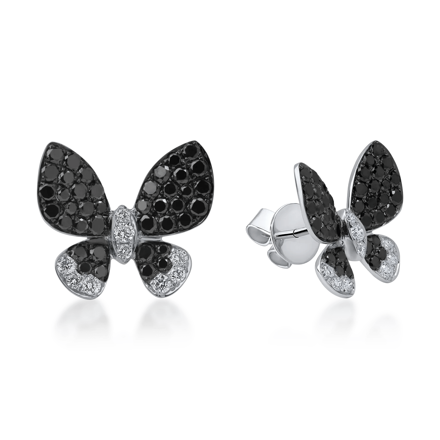 Cercei fluture din aur alb-negru cu diamante incolore de 0.34ct și diamante negre de 1.43ct Cercei fluture din aur alb-negru cu diamante incolore de 0.34ct și diamante negre de 1.43ct