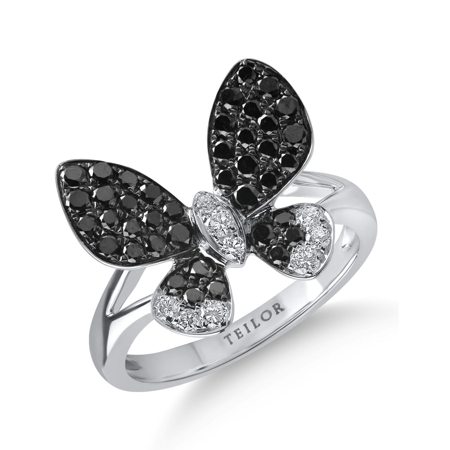 Inel fluture din aur alb-negru cu diamante incolore de 0.16ct și diamante negre de 0.68ct Inel fluture din aur alb-negru cu diamante incolore de 0.16ct și diamante negre de 0.68ct