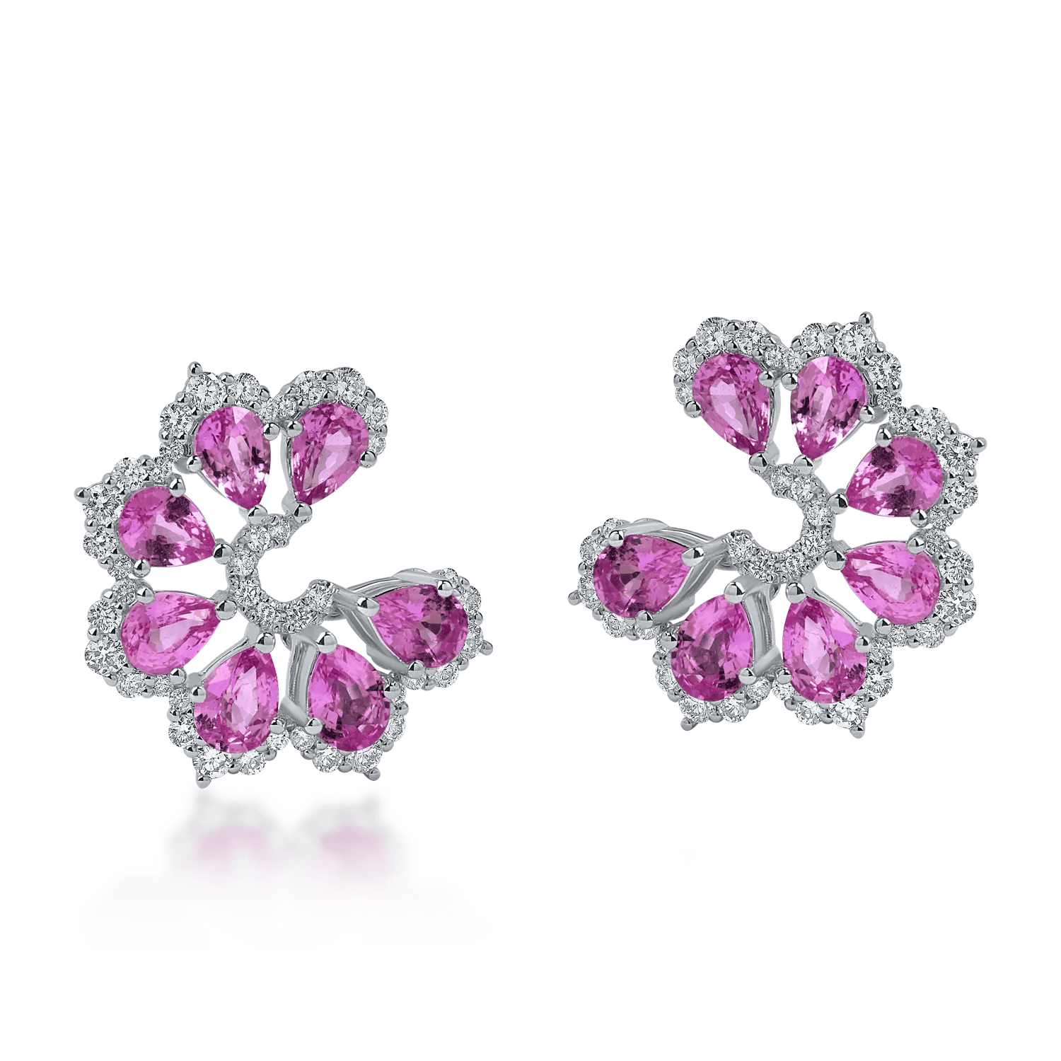 Cerceri florali din aur alb cu safire roz și diamante Cerceri florali din aur alb cu safire roz și diamante