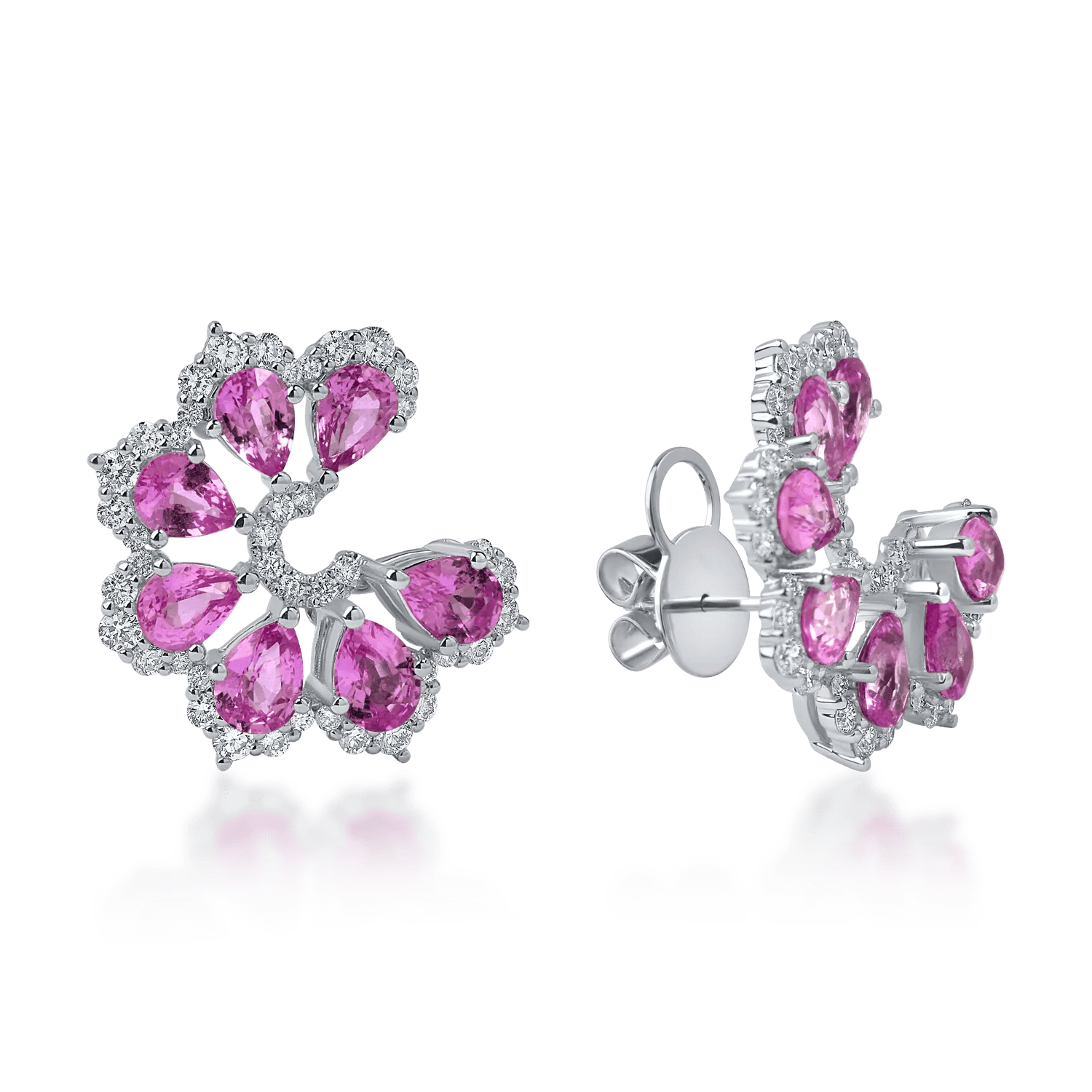 Cerceri florali din aur alb cu safire roz pear de 2.61ct și diamante de 0.57ct – Element / Teilor Cerceri florali din aur alb cu safire roz pear de 2.61ct și diamante de 0.57ct – Element / Teilor